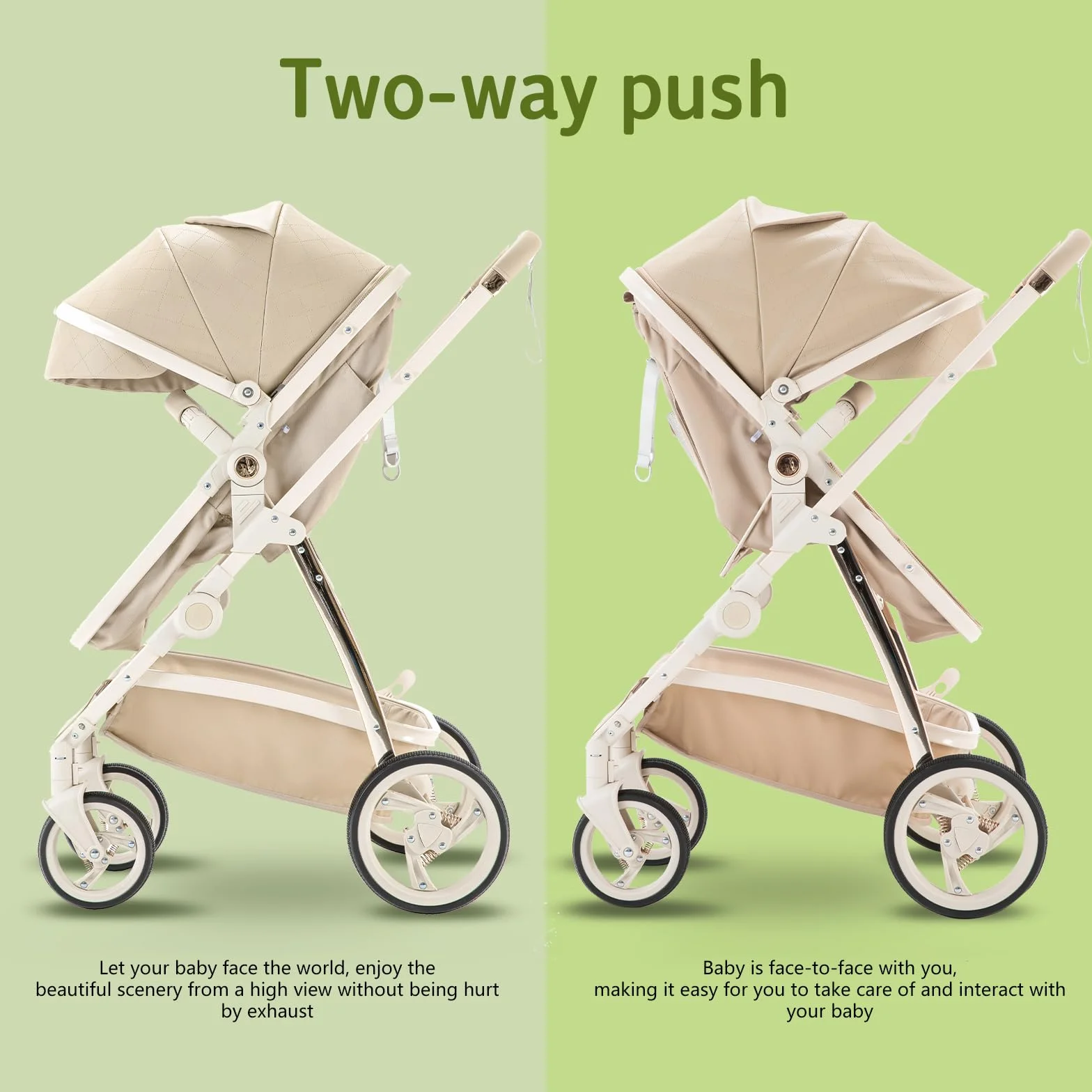 Pelle Passeggino 3 in 1 Sistema di Viaggio con Seggiolino Auto Telaio Alluminio Carrozzina Città Pieghevole per Bambini 0-4 Anni Cachi