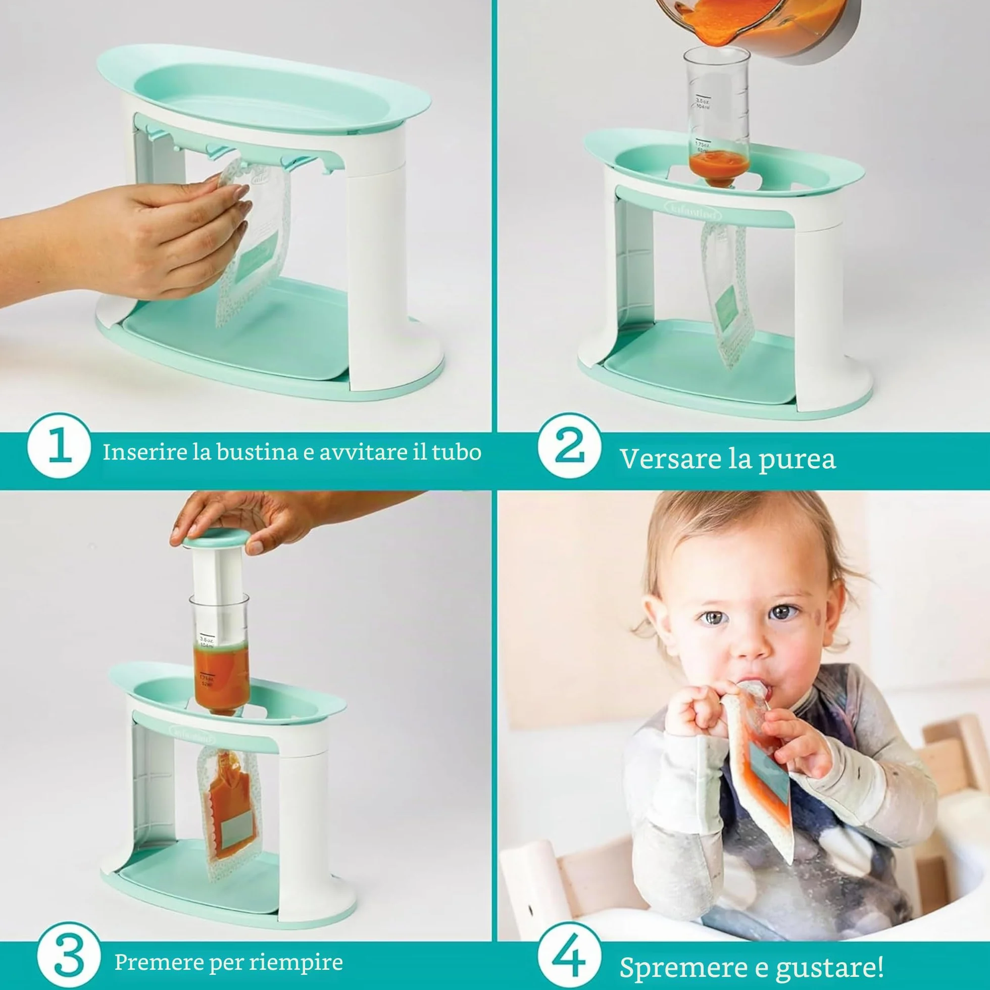 Infantino Squeeze Station Stazione Riempimento Buste Purea Neonati Lavabile Lavastoviglie Senza BPA