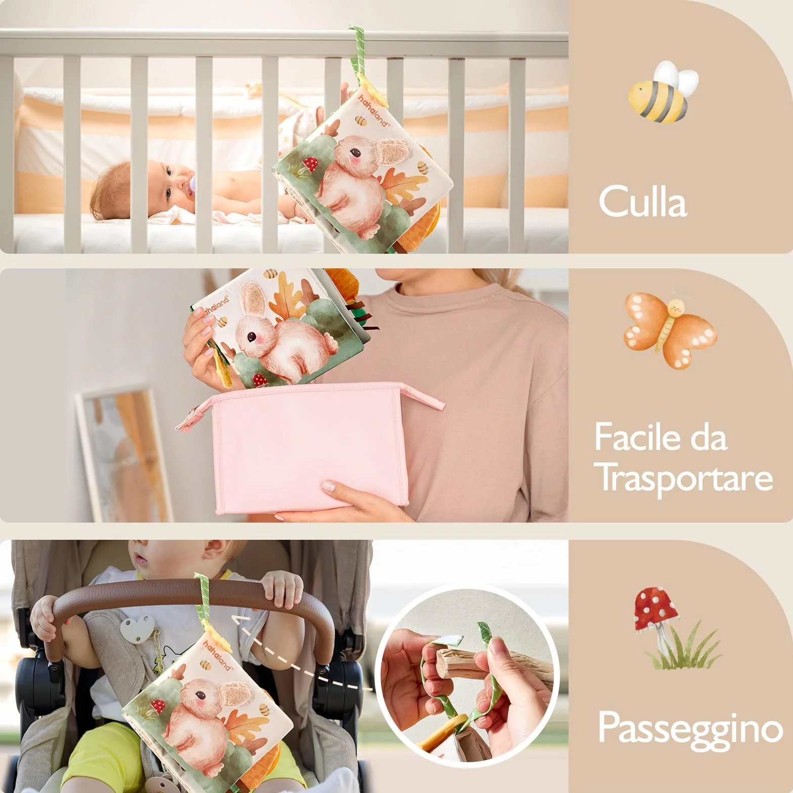 hahaland Libri di Stoffa Neonati 0-6 Mesi - Morbidi Animali Interattivi Libretto Tattile con Specchio - Giochi Sensoriali per Bimbo Bimba
