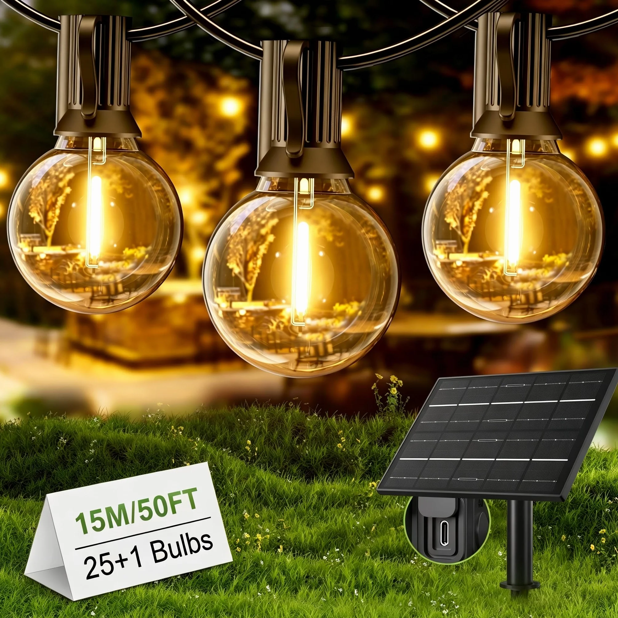 Yuusei Catena Luminosa Esterno Solare, 15M Luci da Esterno Giardino LED, IP65 Impermeabili & USB, 25+1 G40 Lampadine Globo Infrangibili per Gazebo, Balcone, Pergolato, Patii, Matrimoni e Feste