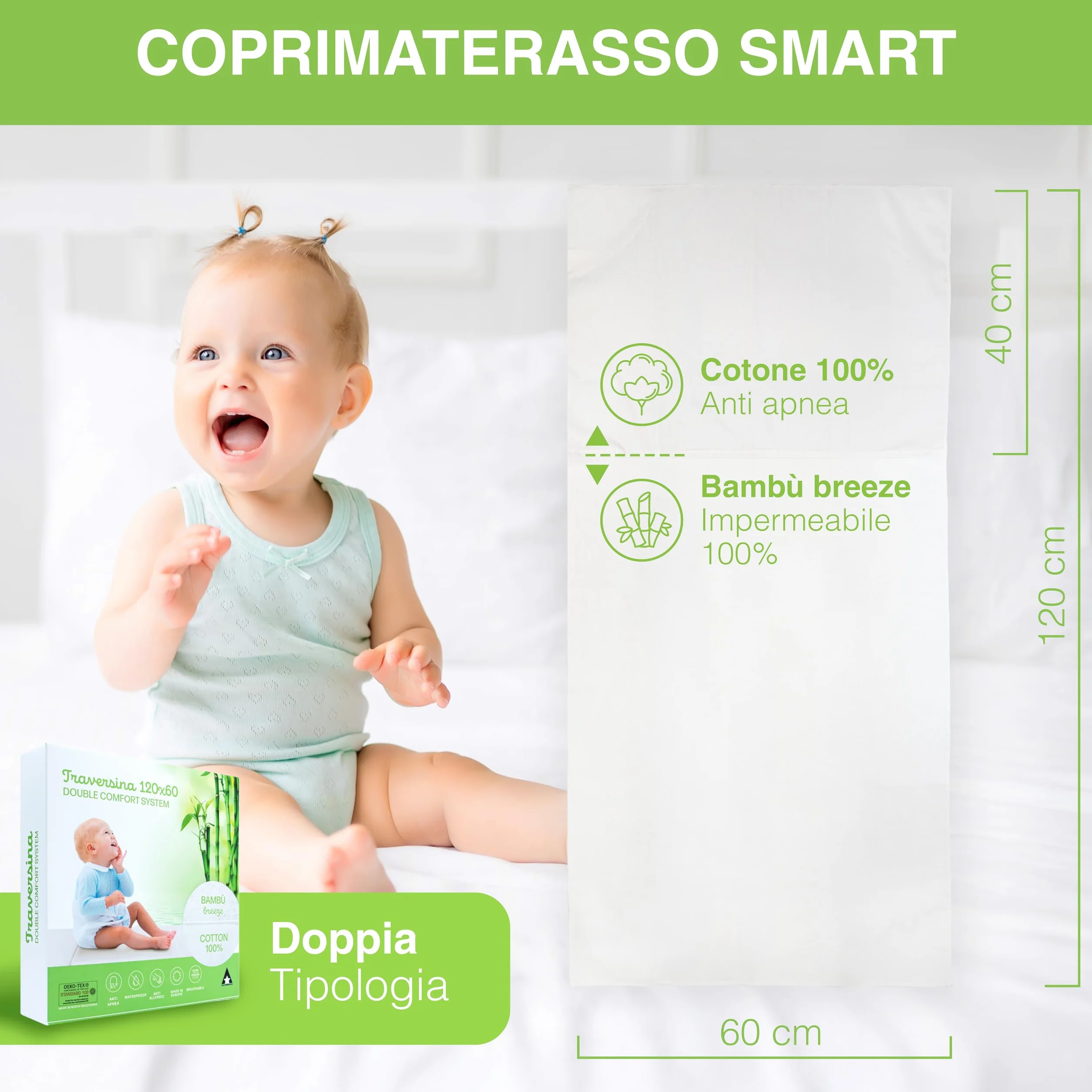Traversina Neonato Coprimaterasso Impermeabile Bamboo Morbido Cotone Traspirante Anti Soffoco 60x120 cm Oeko-Tex