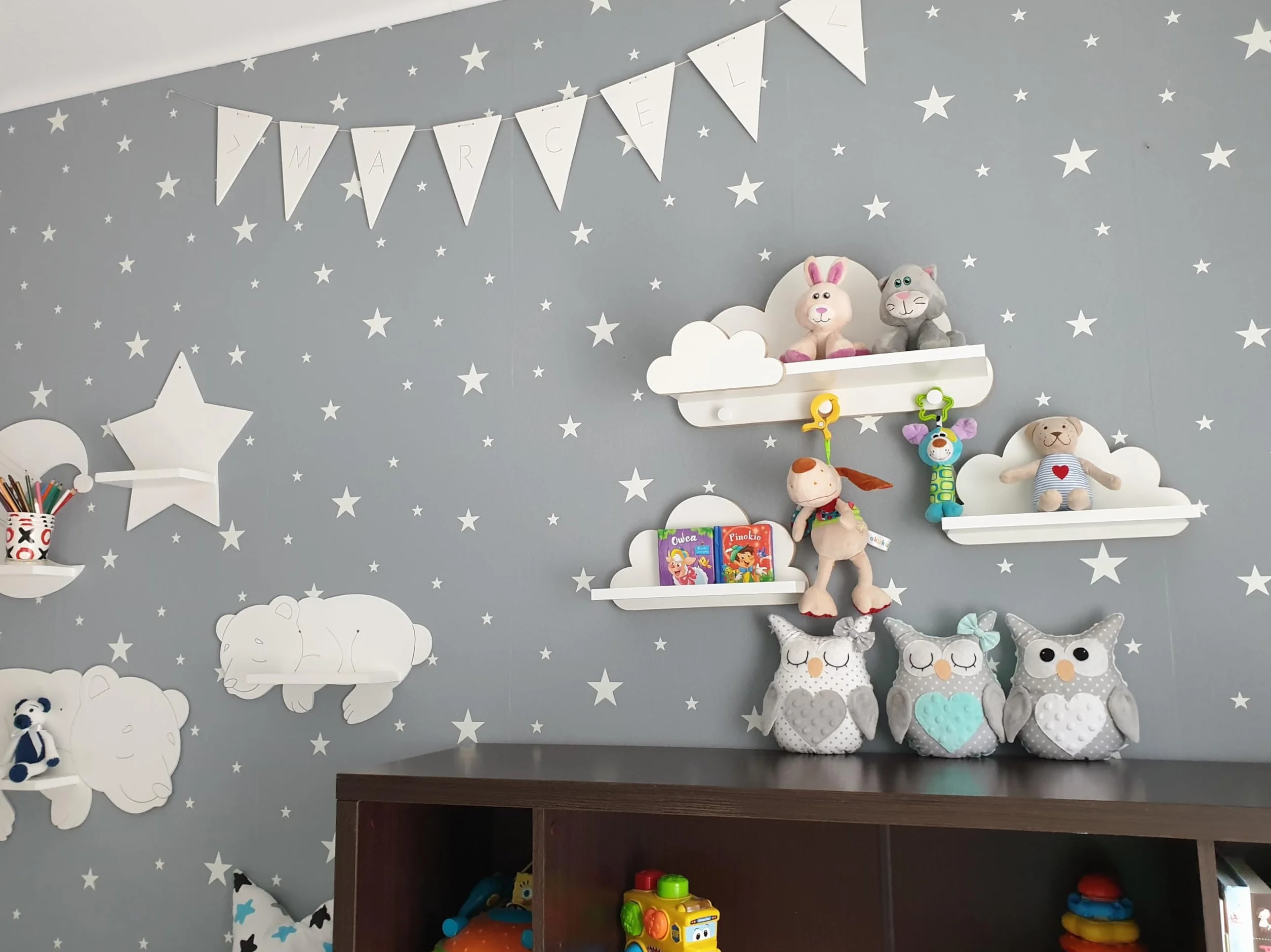 Mensole Cameretta Nuvola Bianche 3 Pezzi, Attaccapanni Bambini In Legno, Set Di Fissaggio Incluso