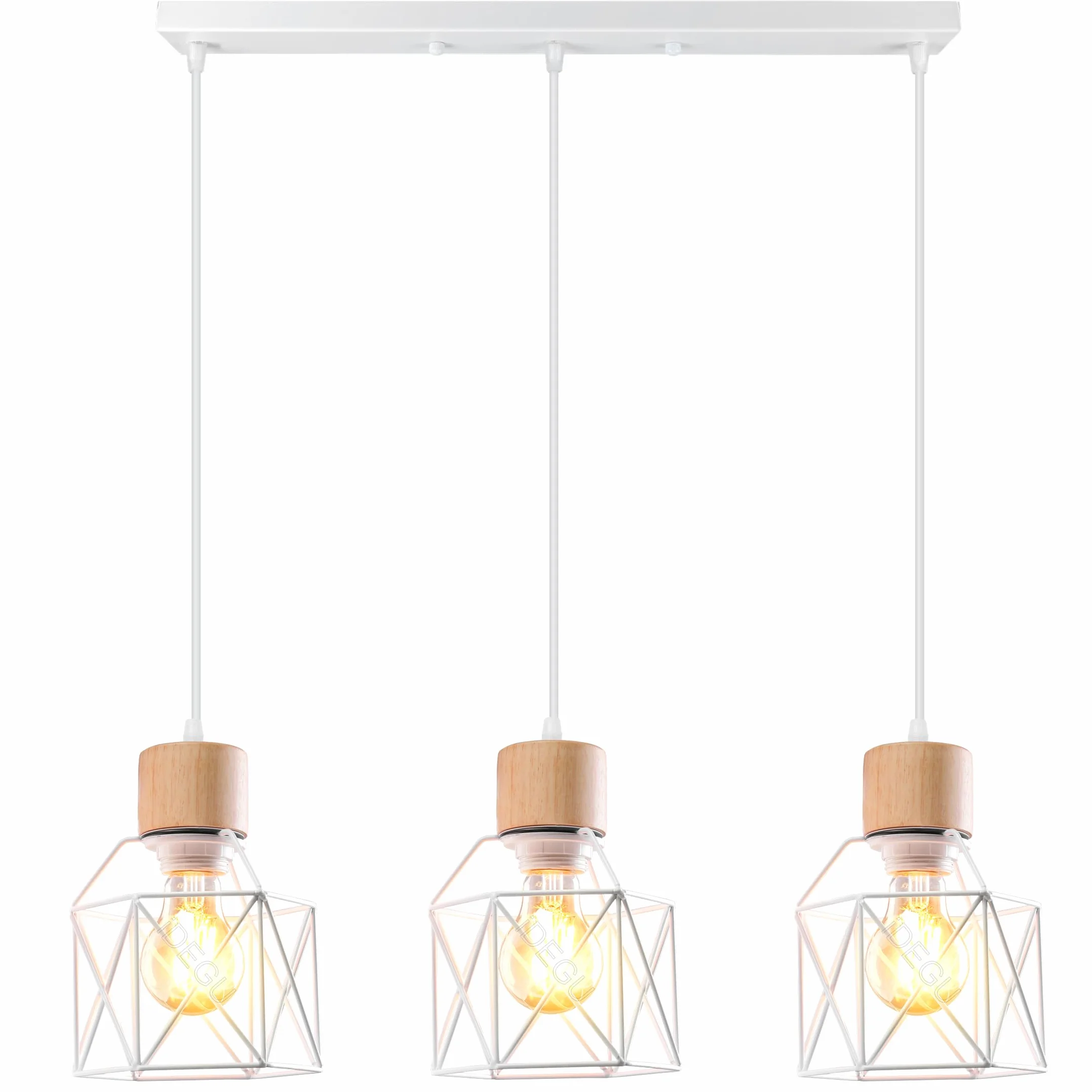 iDEGU 3 Luci Lampadario a Sospensione Vintage E27 Plafoniera Industriale in Legno Metallo Gabbia Lampada da Soffitto Retrò Lampade a Sospensione per Cucina Salotto Cameretta (Bianco, Legno, Barra)