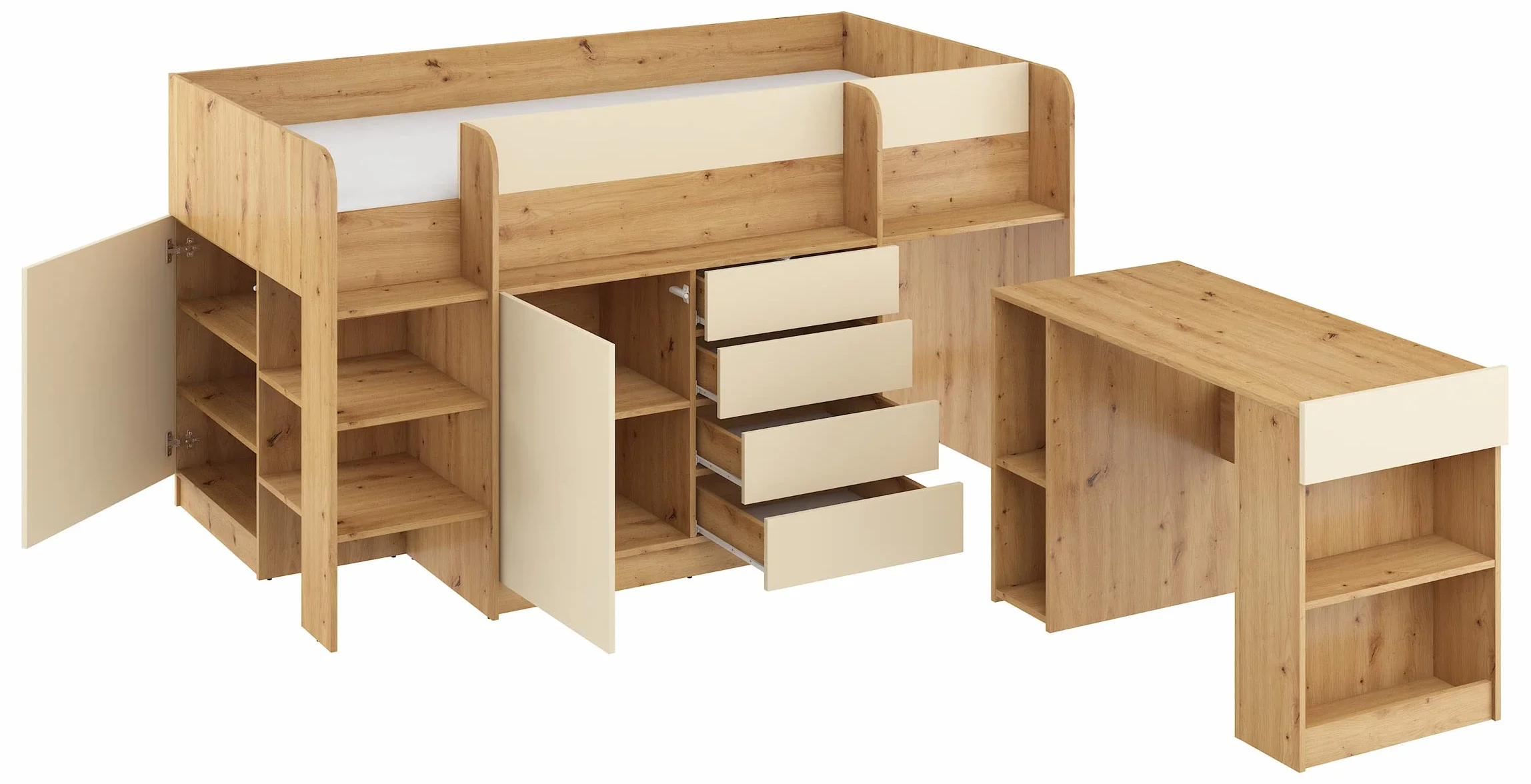 Letto rialzato Smile L per bambini rovere artigianale crema con scrivania mensole cassetti
