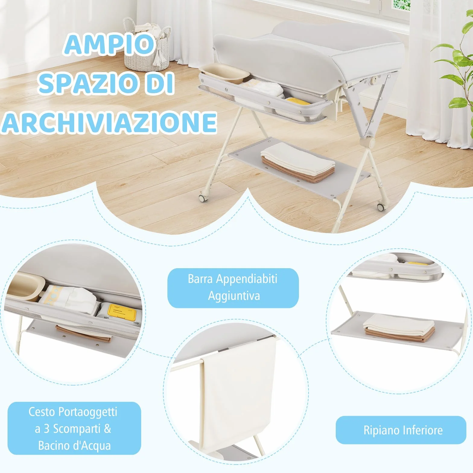 Costway Fasciatoio Pieghevole Neonato Portatile con Altezza Regolabile 3 Livelli, Grigio