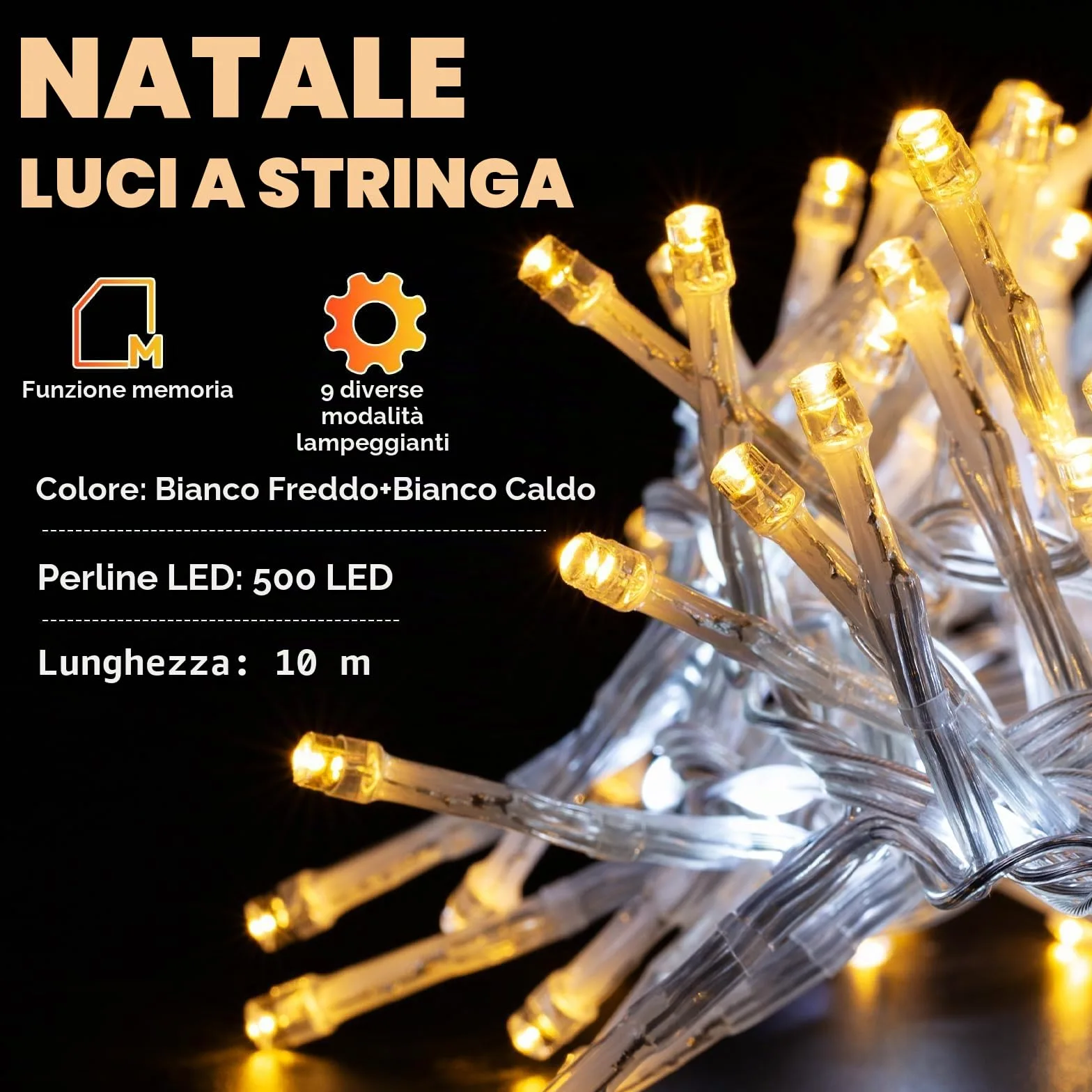 Globalink Luci Albero Natale 500LEDs, Catena Luminosa 10M Esterno IP44 Impermeabile,9 Modalità Dinamici,Funzione Memoria, Calda Decorazione Natalizia per Casa Interno Giardino-Bianco caldo