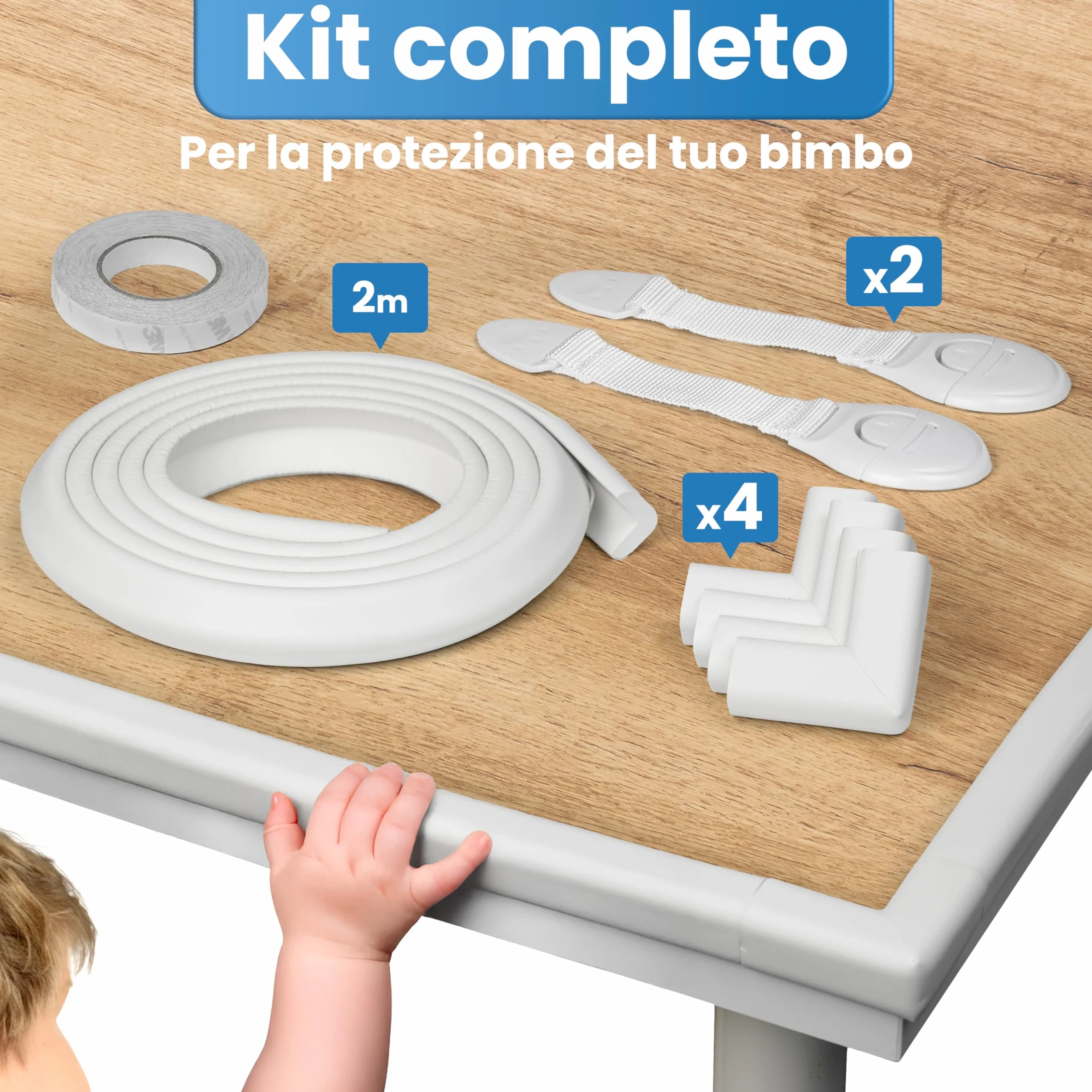 Happy Chlea Copri Angoli in Gomma con Schiuma Attiva, Kit Sicurezza Casa 2m Parabordi + 4 Angolari Morbidi + 2 Blocca Cassetti