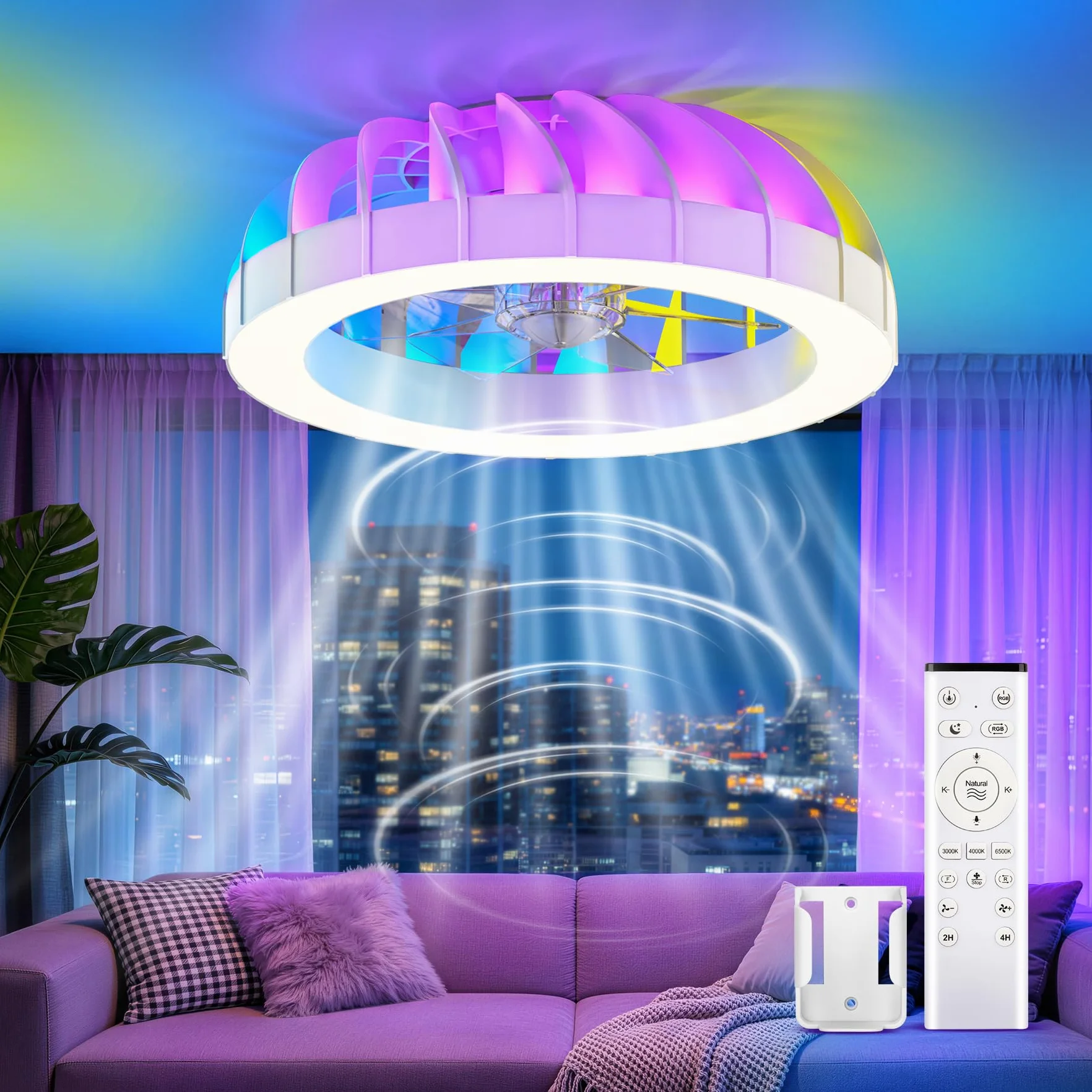 46cm Ventilatore da Soffitto con Luce e Telecomando, 6 Velocità Silenzioso Lampadario con Ventilatore da Soffitto, Timer, 3000k-6500k & RGB Plafoniera Ventilatore per Camera da Letto Soggiorno