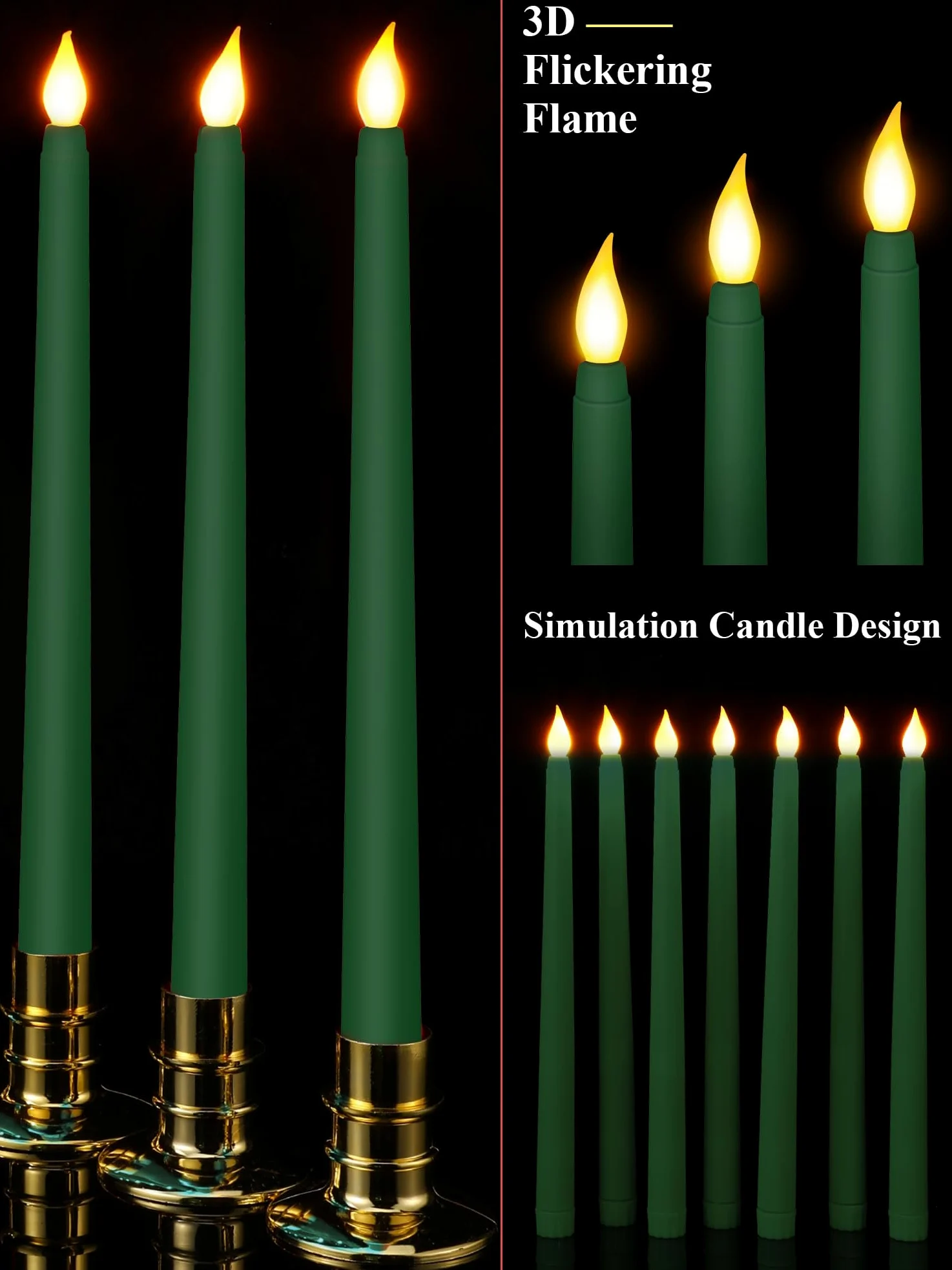 48 candele coniche senza fiamma, 28 cm, a batteria, a LED, in cera sintetica, tremolanti, per Halloween, Natale, chiesa, feste di nozze (verde)