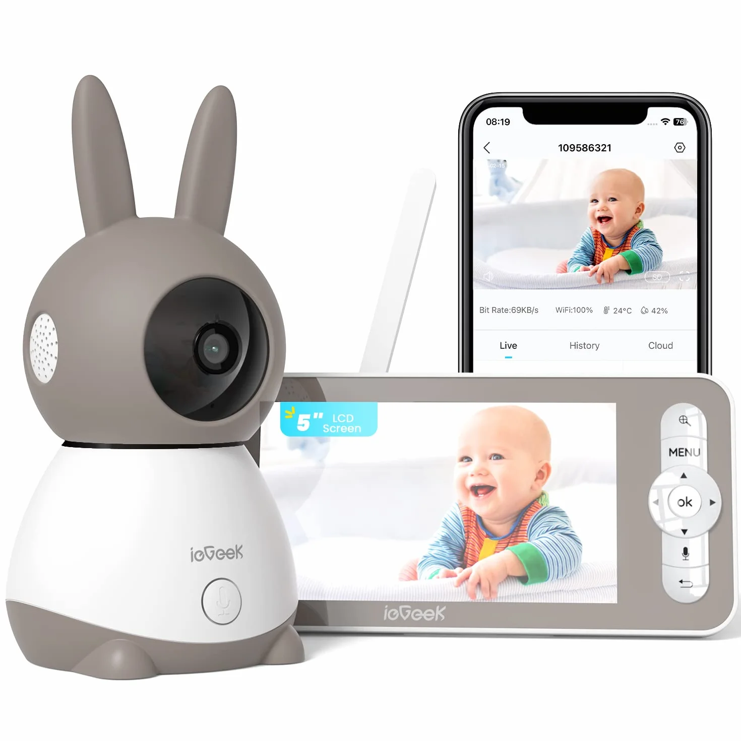ieGeek 2K Baby Monitor con 5" LCD, Telecamera Bambini con APP, 3000mAh Batteria Ricaricabile, Rilevamento Intelligente
