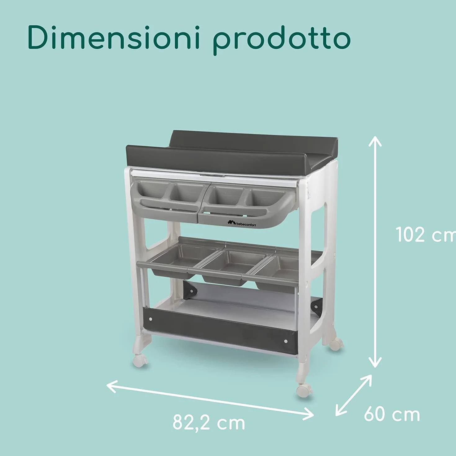 Bebeconfort Dolphy Fasciatoio 2 in 1 con Vaschetta Bagnetto, 0-12 Mesi (max 11kg), Ruote, Cassettiera, Grey Mist