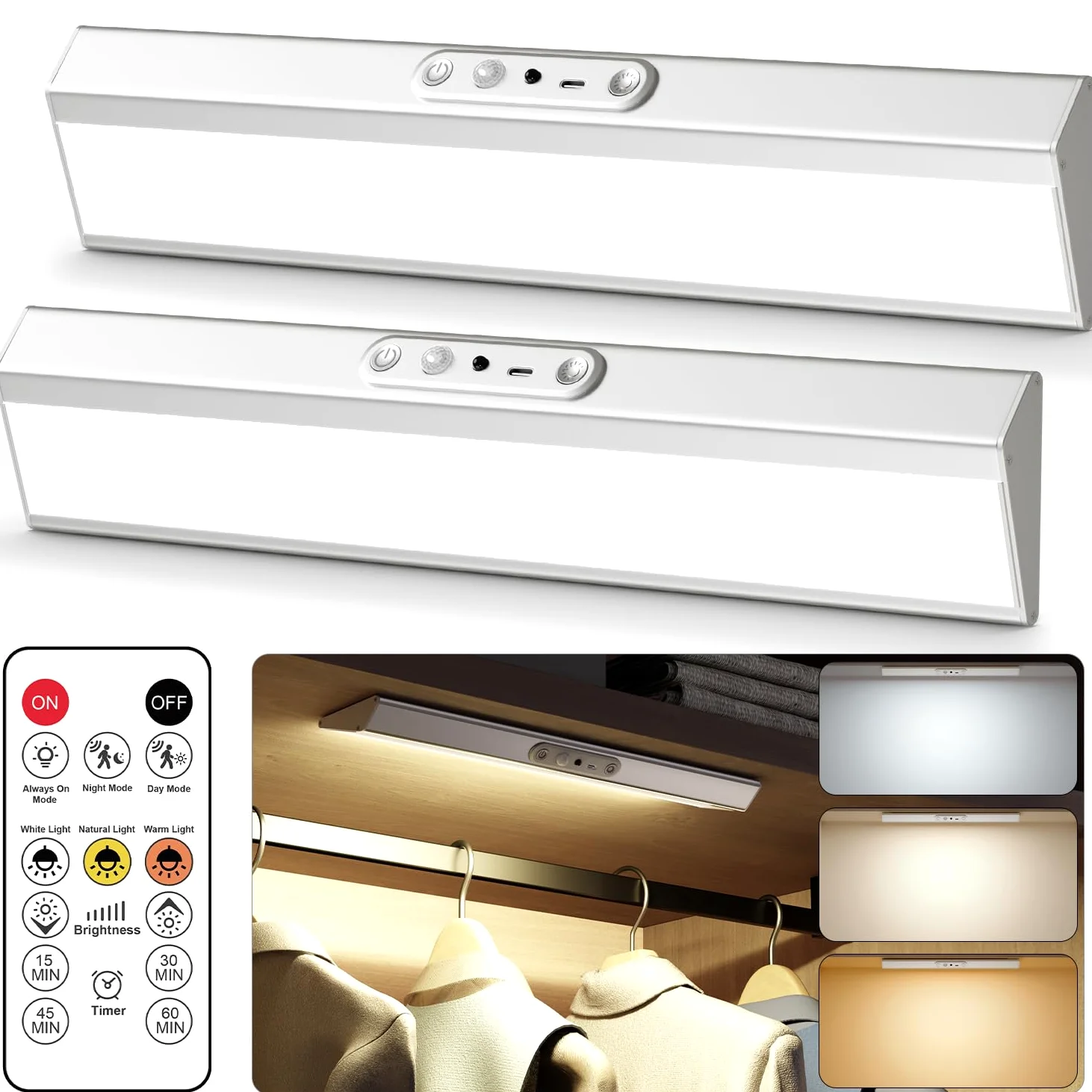 Luci con sensore di movimento per armadio, protezione degli occhi, illuminazione wireless con telecomando, 3 temperature di colore e dimmerabili, illuminazione magnetica a LED ricaricabile per cucina