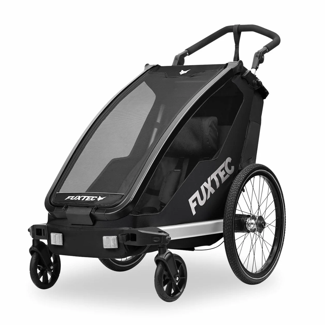 FUXTEC Rimorchio per Bici FX-FA1S Nero – Carrello 1 Posto per Bambini Pieghevole con Cintura di Sicurezza e Parasole