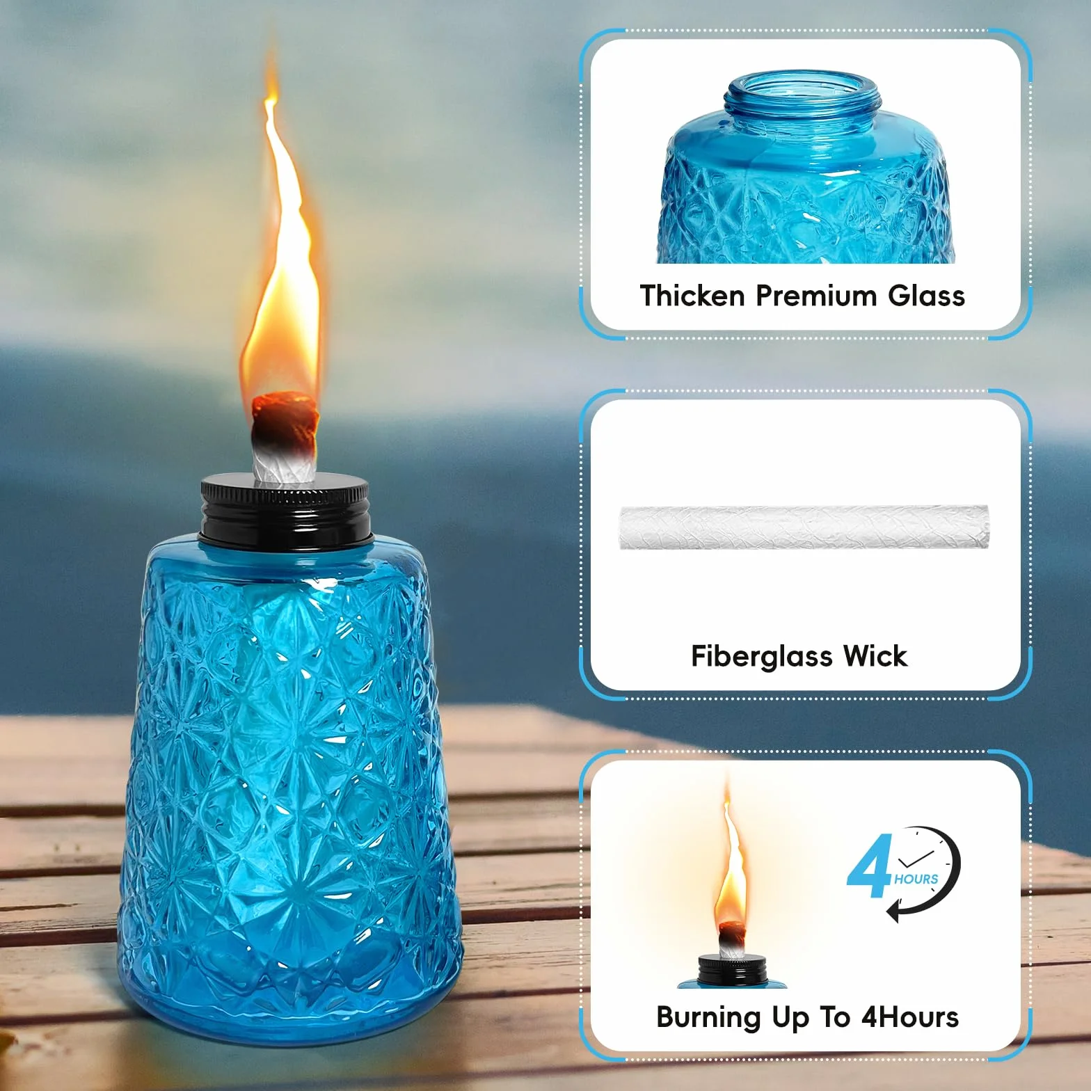 Confezione da 3 lampade a olio in vetro trasparente blu alla citronella, lampade a olio con 3 stoppini, per interni ed esterni, decorazioni per patio