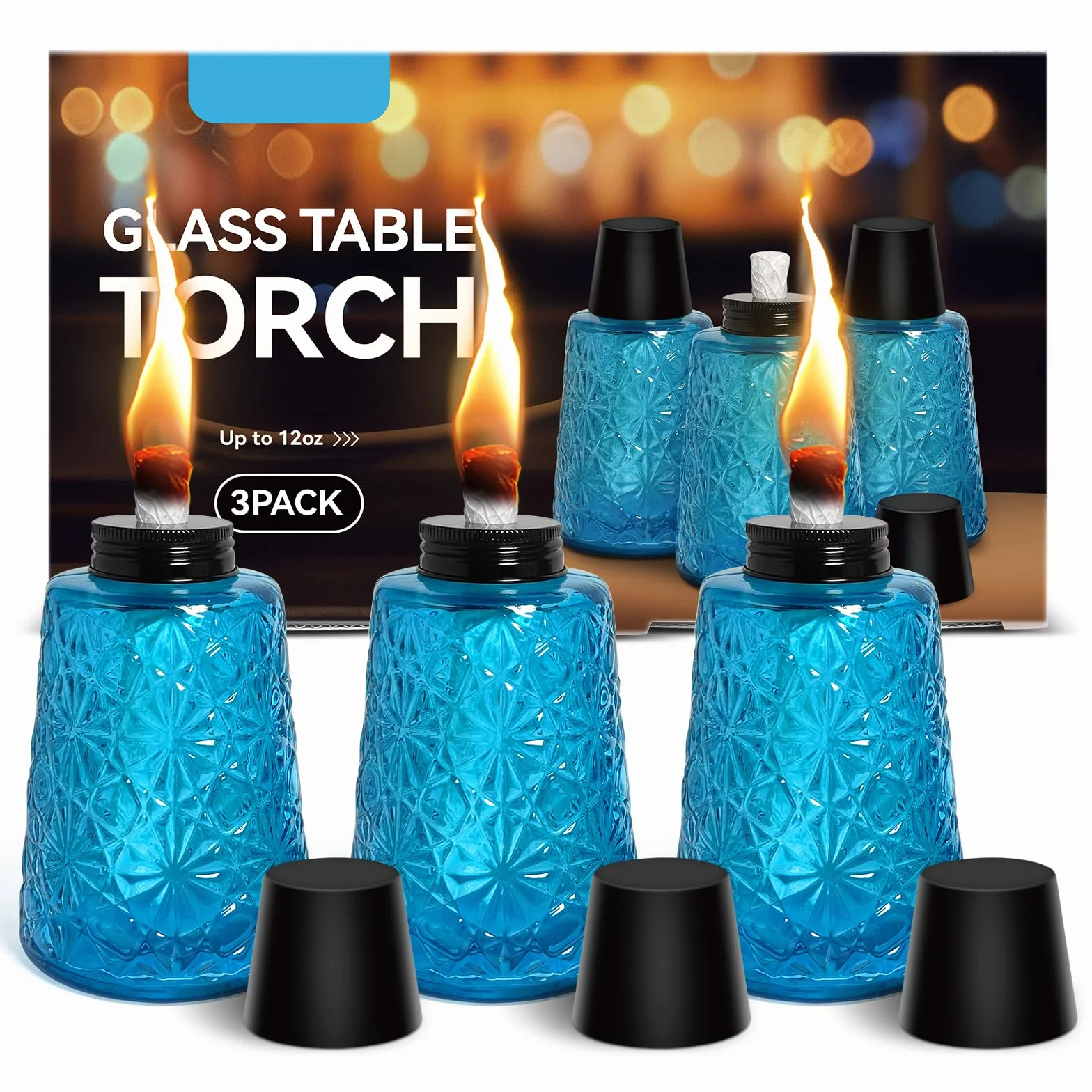 Confezione da 3 lampade a olio in vetro trasparente blu alla citronella, lampade a olio con 3 stoppini, per interni ed esterni, decorazioni per patio