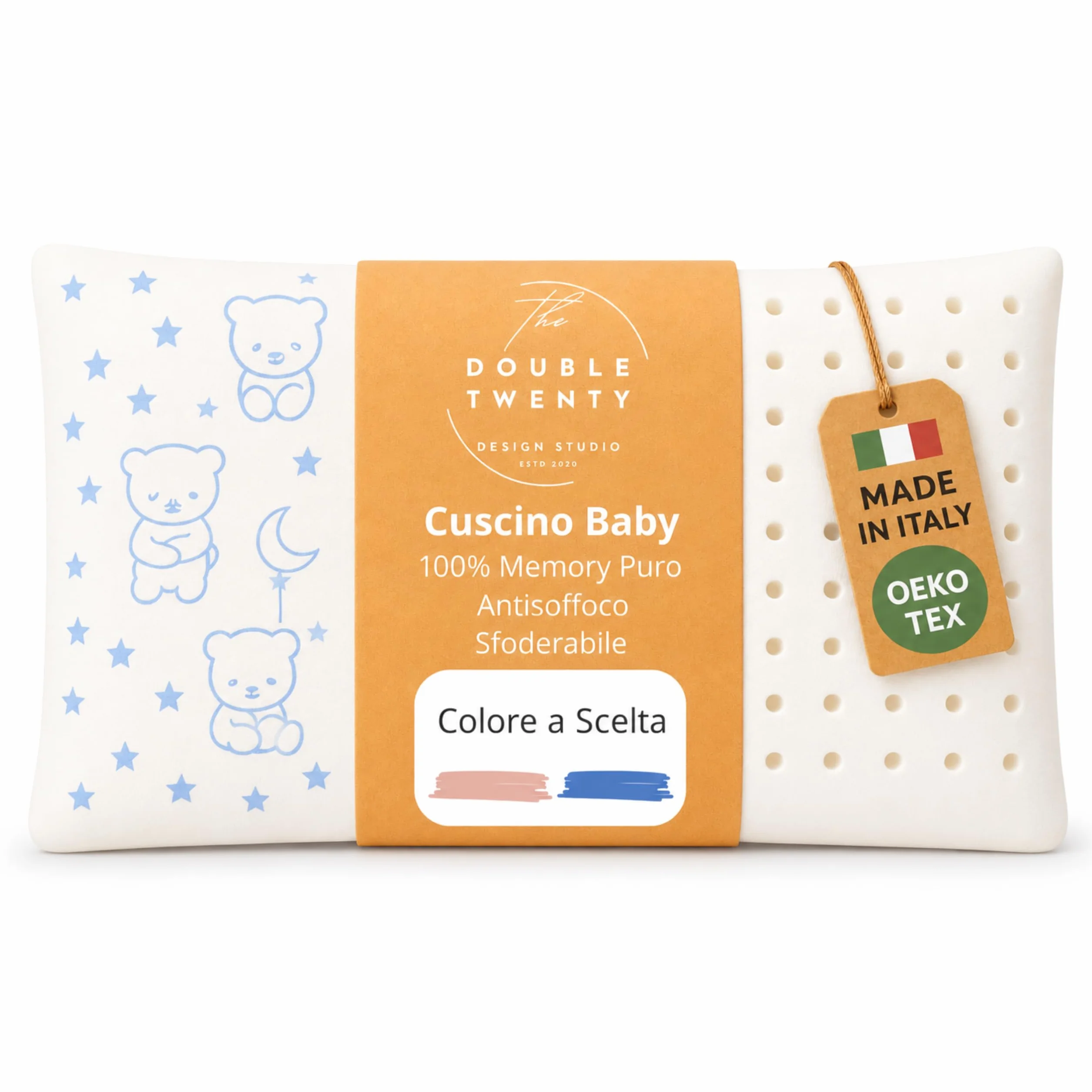 Cuscino Baby Memory Foam Antisoffoco Modello a Saponetta Forata Ipoallergenico Blu