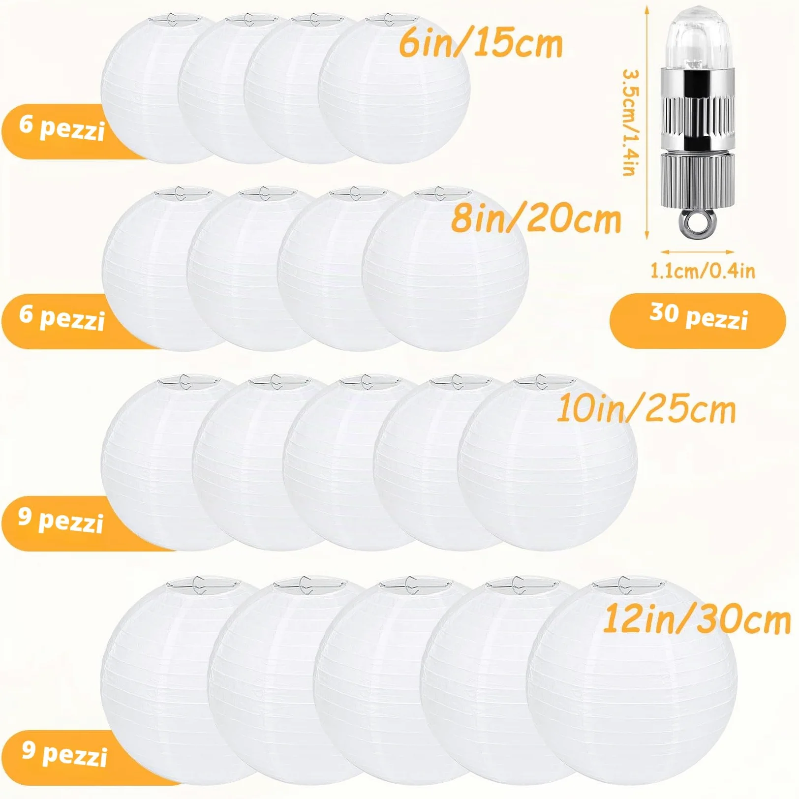 Idota 30 lanterne di carta bianche con luci a LED, lanterne di carta sospese, con 30 mini palloncini a LED, rotonde, per decorazione di matrimoni, feste in giardino (diametro 15 cm, 20 cm, 25 cm, 30