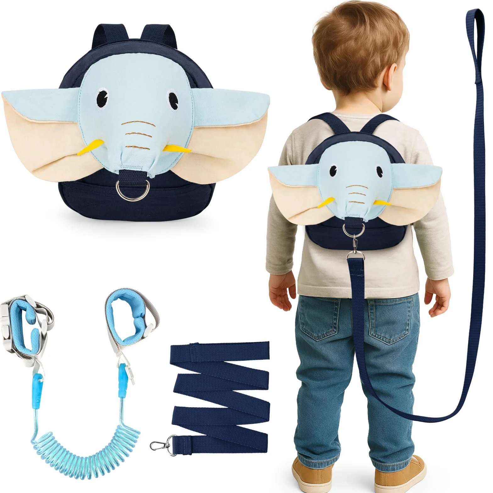 3 in 1 Regolabile Guinzaglio Zaino per Bambini con Guinzaglio Anti-smarrimento da Polso, Sicuro per 1-3 Anni, Blu