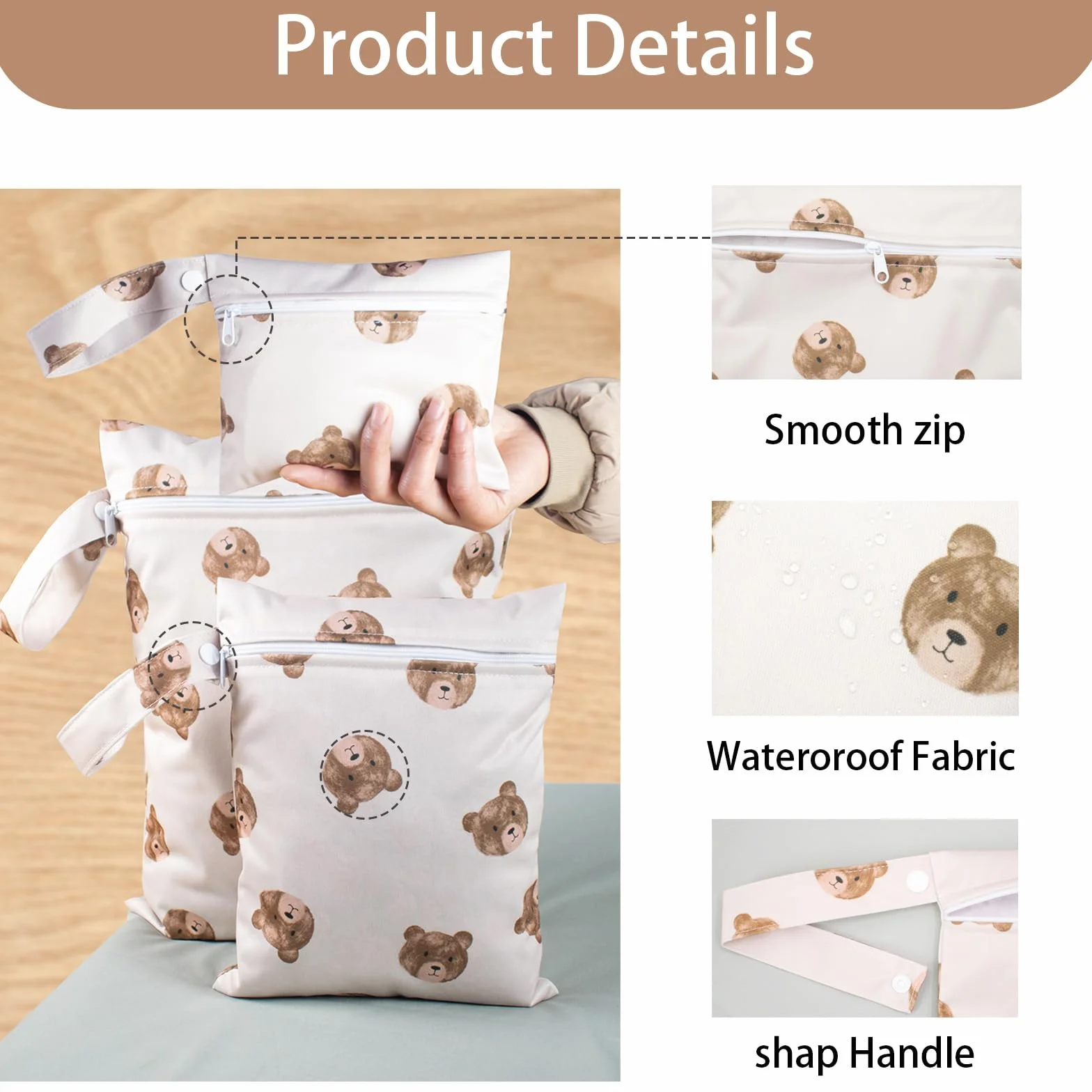 Borsa Pannolini Impermeabile Wet Bag 3 Pezzi Modello Orso con Zip da Appendere per Viaggio