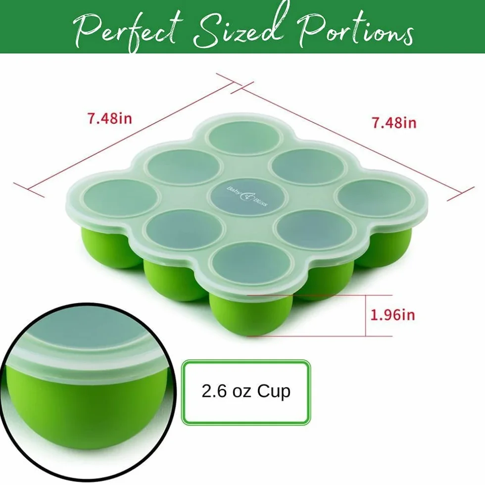 PIQIUQIU Contenitore per Alimenti 9 cavità in Silicone, Vassoio per Alimenti Surgelati Congelatore (Verde 75ml)