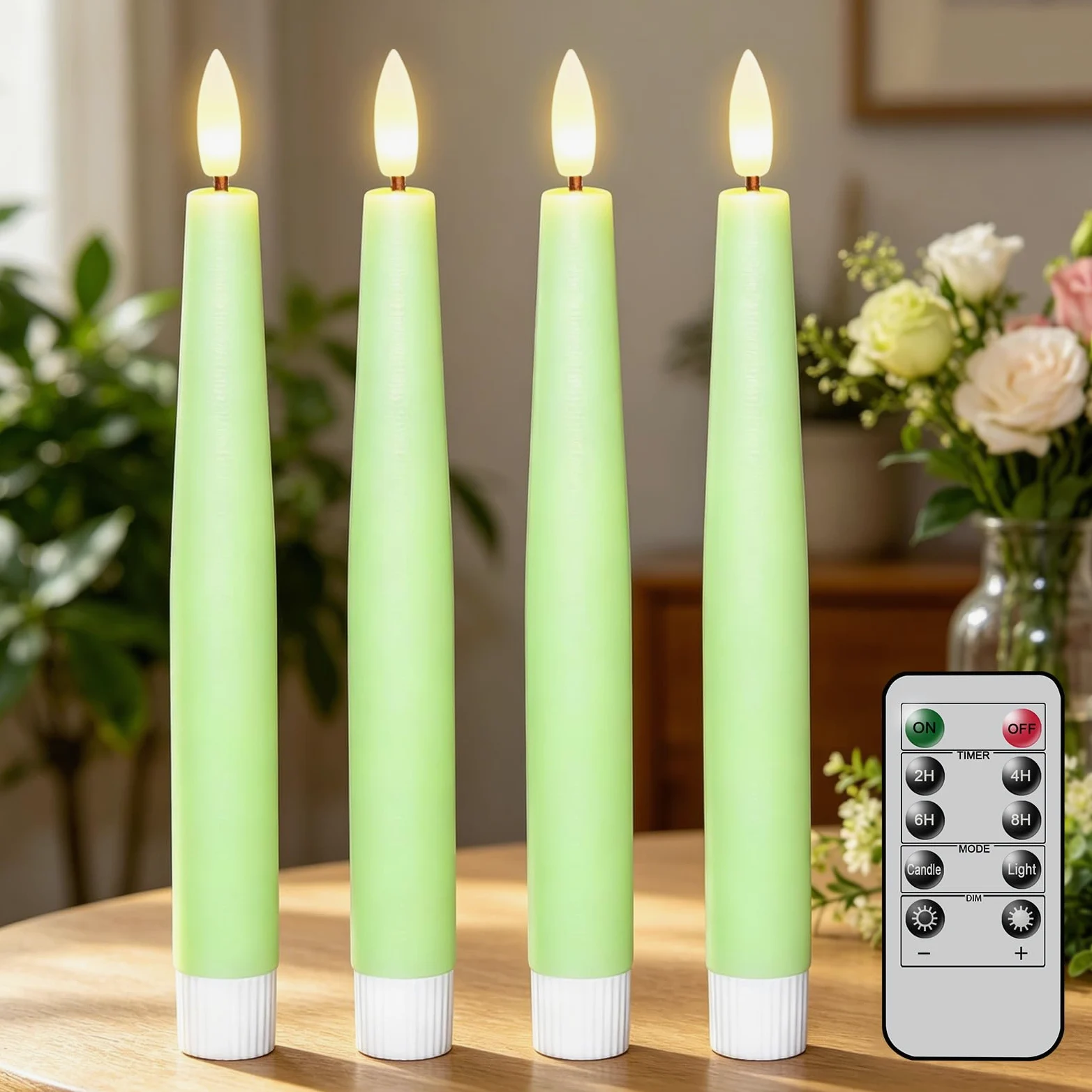 Candele coniche verdi senza fiamma, a LED tremolanti, a batteria, con timer remoto, 4 candelieri senza fiamma per decorazioni primaverili per matrimoni e per la casa (D0,78 "x H8,2,5 cm)