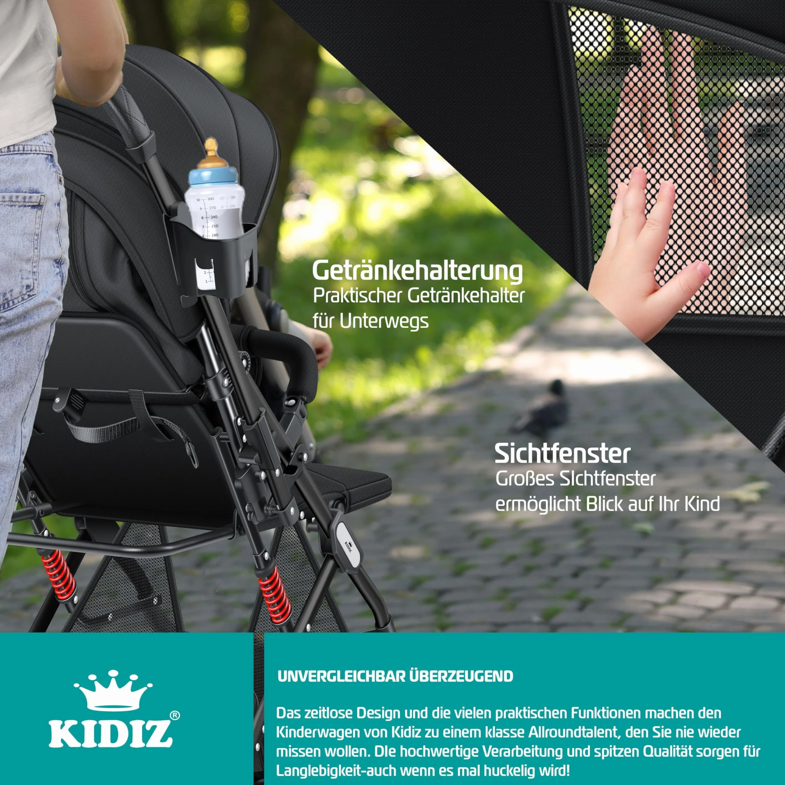 KIDIZ Passeggino Pieghevole per Bambini Sportivo con Ruote 360° Cinghia 5 Punti Sacco a Piedi Copertura Antipioggia