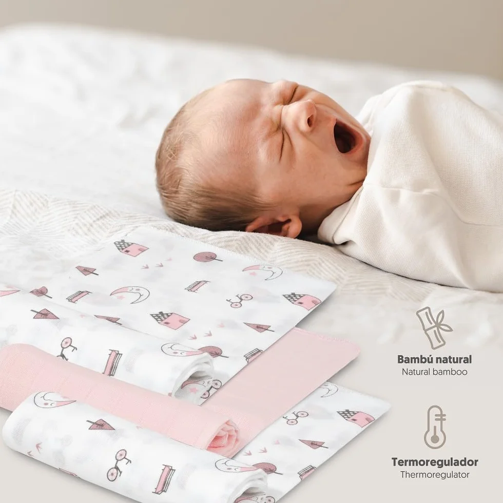 INTERBABY Set di 3 Mussole di Bambù MOON rosa per neonati 55x70 cm