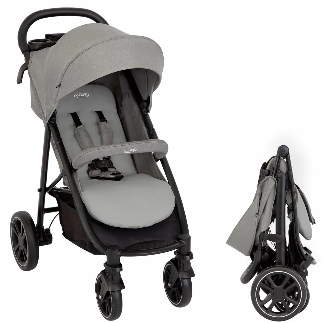 Graco Passeggino Leggero EezeFold DLX, Passeggino da Viaggio con Chiusura a Una Mano, Sospensioni a 4 Ruote, Reclinabile, Cestello Ampio – Grigio Lunare