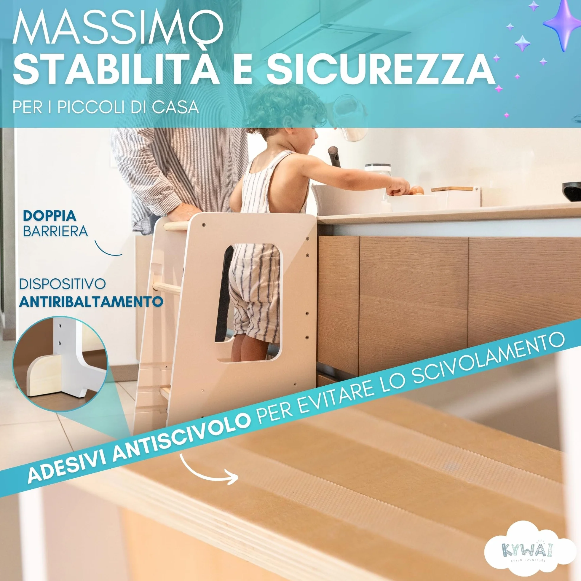 Torre Montessoriana Bambini Premium Legno Regolabile Altezza Doppia Barra Sicurezza Bianco