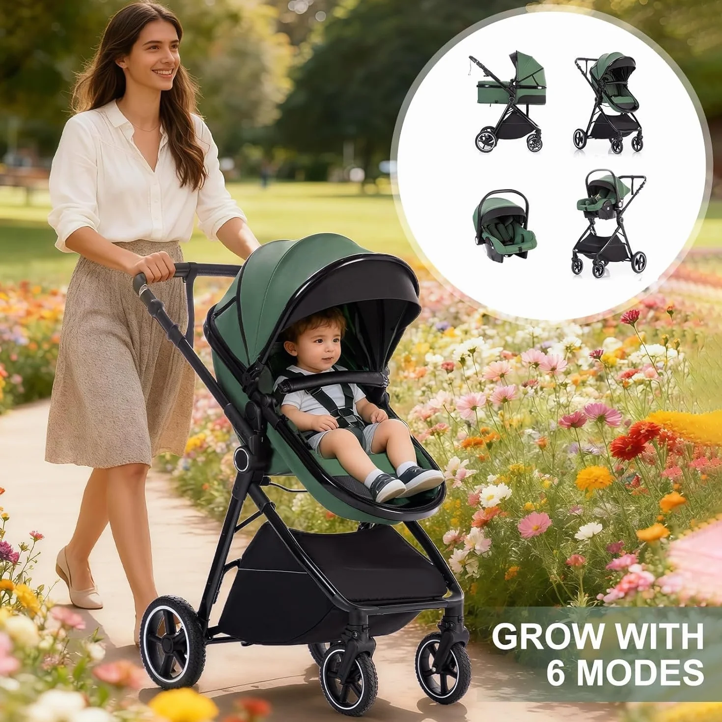 Gcarebb Sistema da Viaggio 3 in 1, Passeggino con Telaio in Alluminio e Copertura Antipioggia