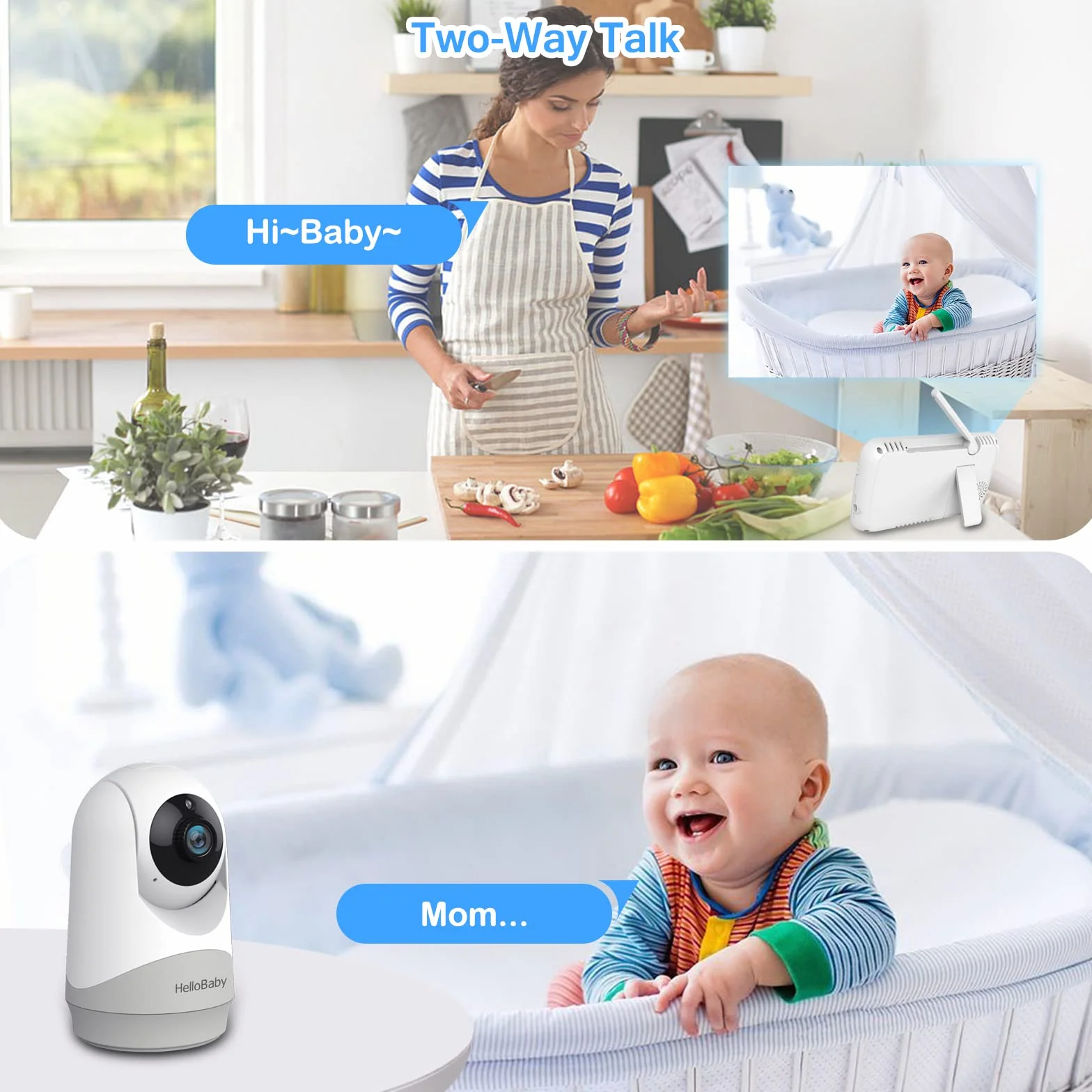HelloBaby Monitor con fotocamera e audio, schermo 5'', batteria 3500 mAh, Pan-Tilt-Zoom, conversazione bidirezionale, ECO, visione notturna