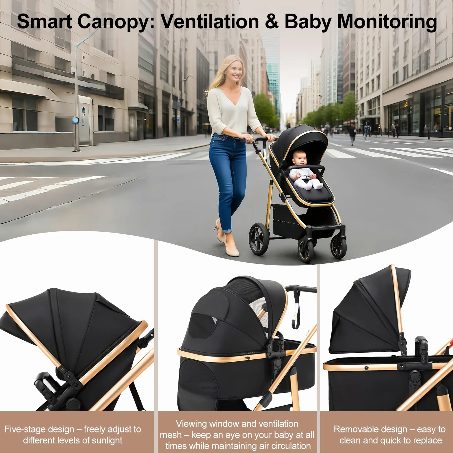 Passeggino 3 in 1 da viaggio, carrozzina e seggiolino auto, telaio in alluminio massiccio, nero
