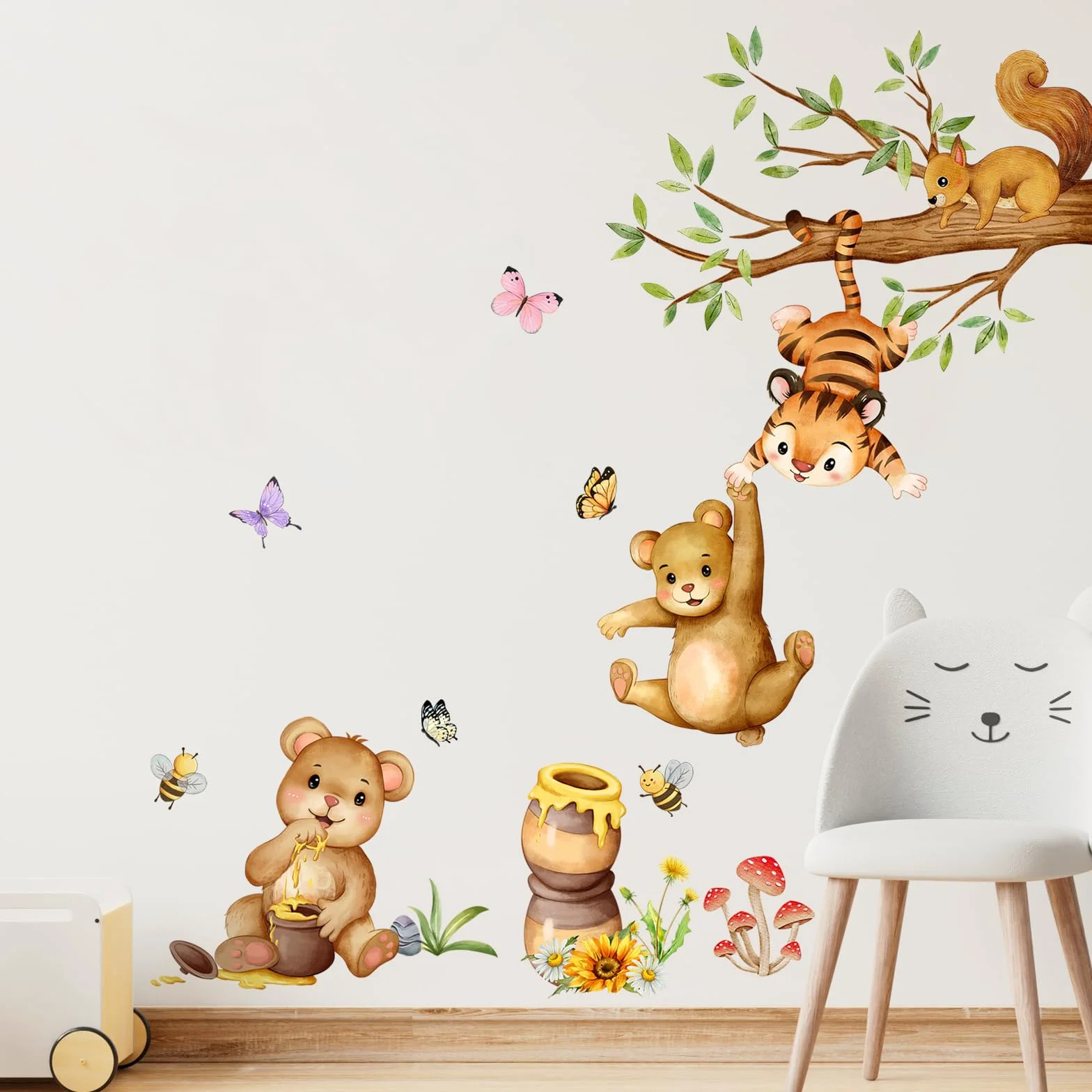 Supzone Adesivi Murali Animali Foresta Tigre Orso Scoiattolo Dondolando Miele Albero Ramo Decorazione Murale per Camerette Bambini