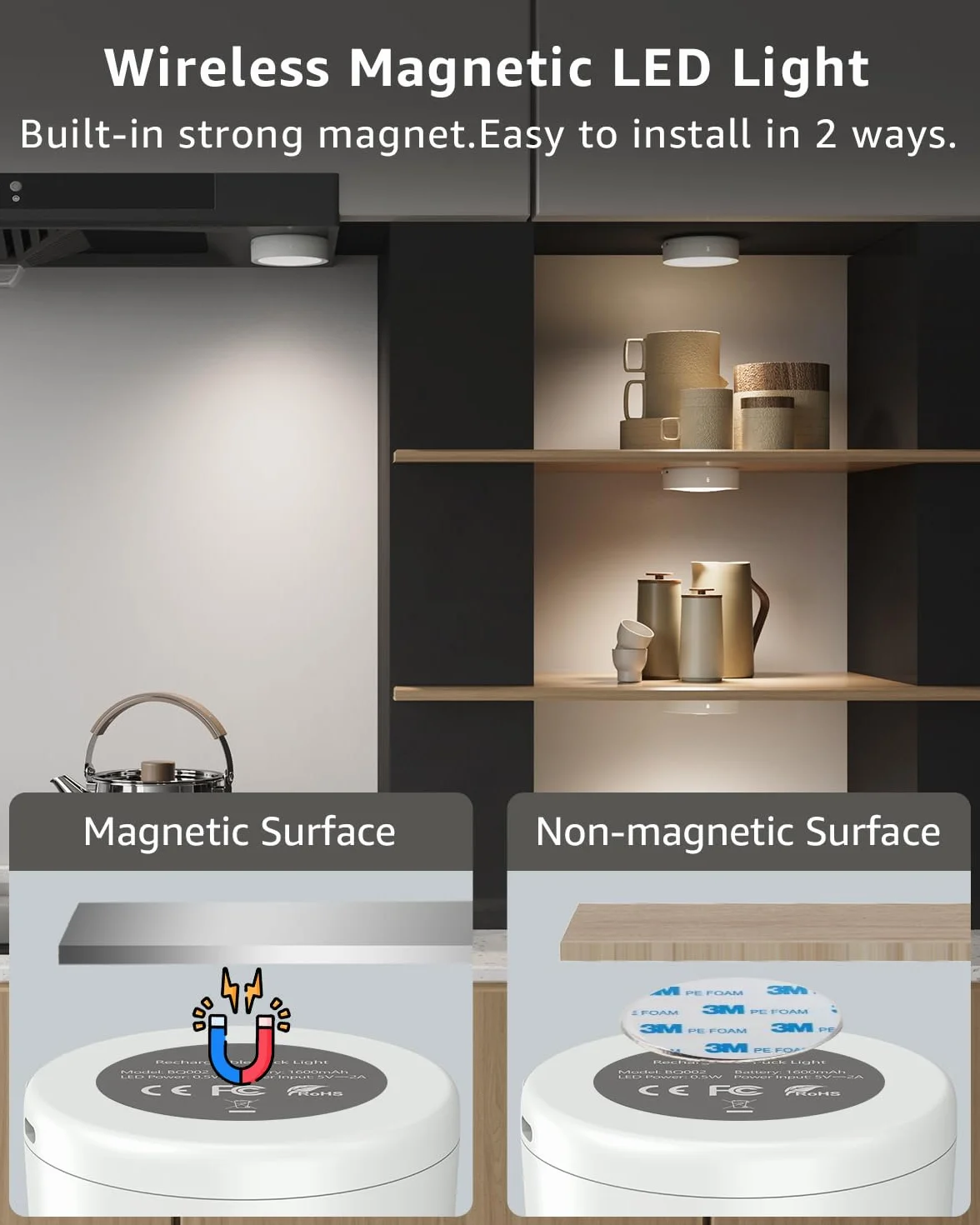 Luce LED Armadio Ricaricabile USB con Telecomando, 2400mAh Luce Vetrina Senza Fili Faretti LED Adesivi Lampada Sottopensile Cucina Batteria Luci Notturna per Interno Scale Guardaroba Sotto Mensola