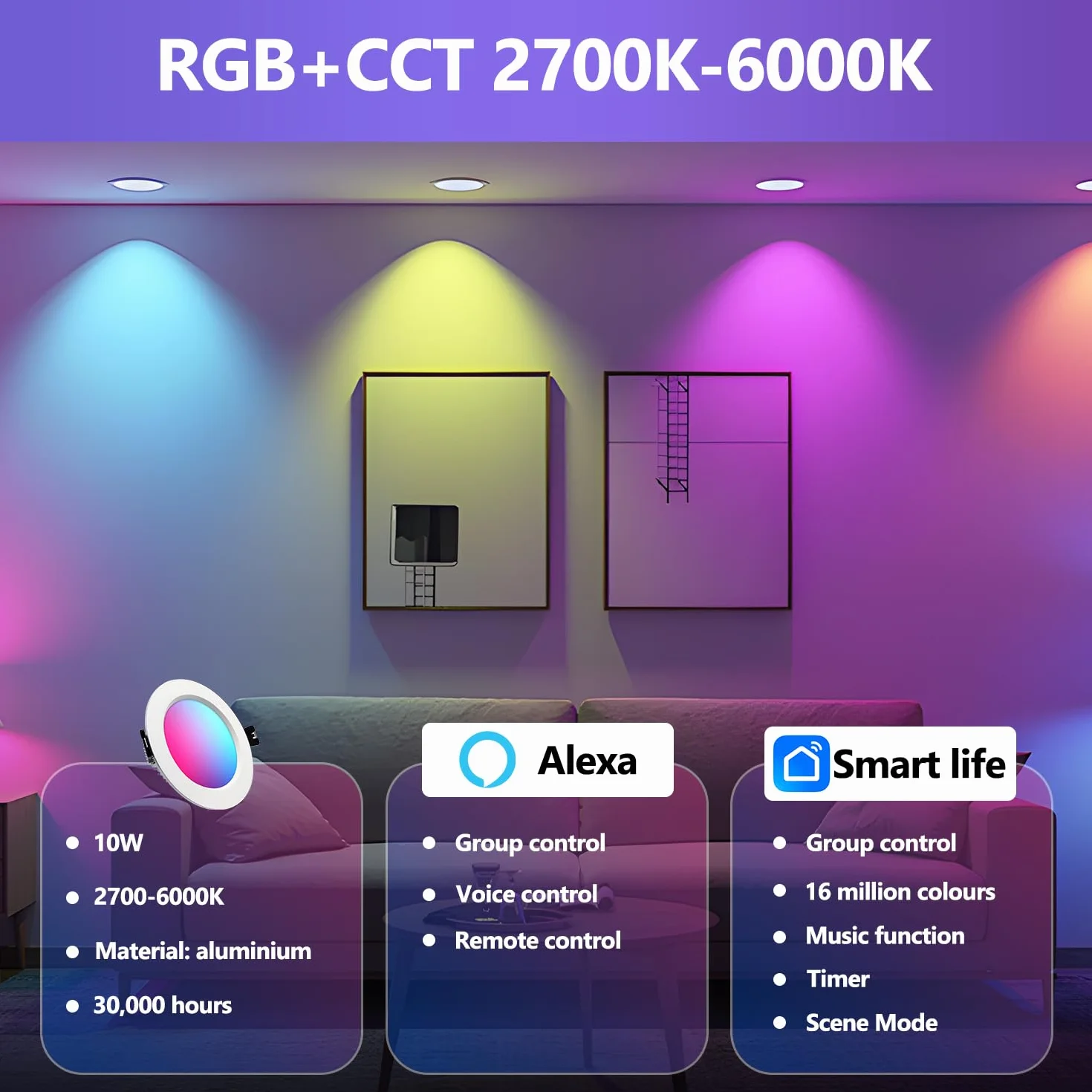 Faretti Led da Incasso per Cartongesso Alexa Wifi Bluetooth, RGBW 2700K a 6000K, Dimmerabili App Controllo, 10W, alluminio, faretti da incasso con gateway intelligente e telecomando, 6pcs