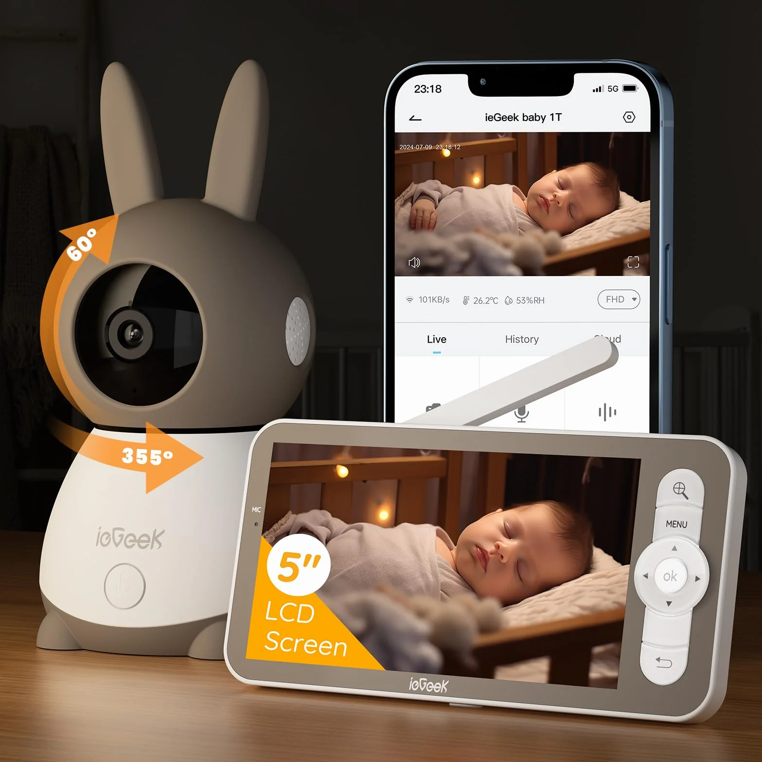 ieGeek 2K Baby Monitor con 5" LCD, Telecamera Bambini con APP, 3000mAh Batteria Ricaricabile, Rilevamento Intelligente