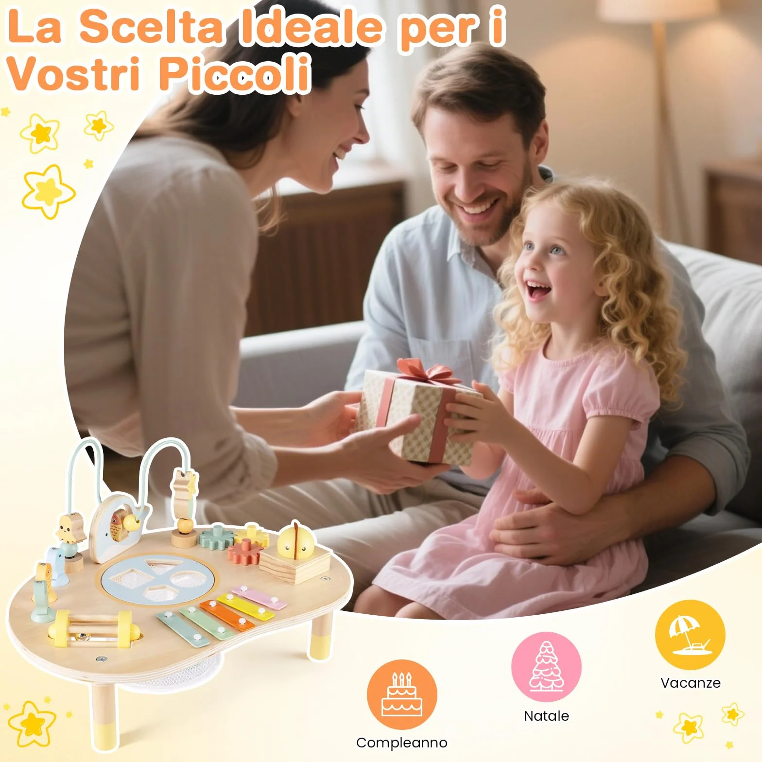 COSTWAY Centro di Attività Musicale in Legno Tavolo Multiattività Bambini 7-in-1 con Labirinto di Perle Xilofono Giochi Montessori