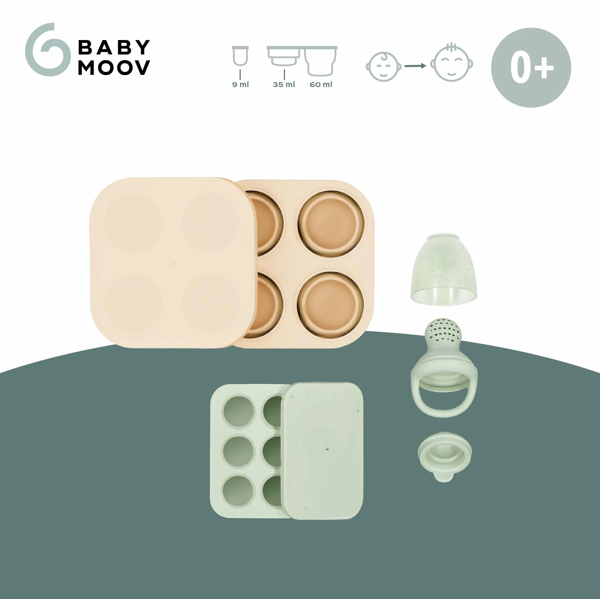 Babymoov Contenitori in silicone per alimenti bambini con succhiotto frutta 2 vaschette congelamento pappe coperchio