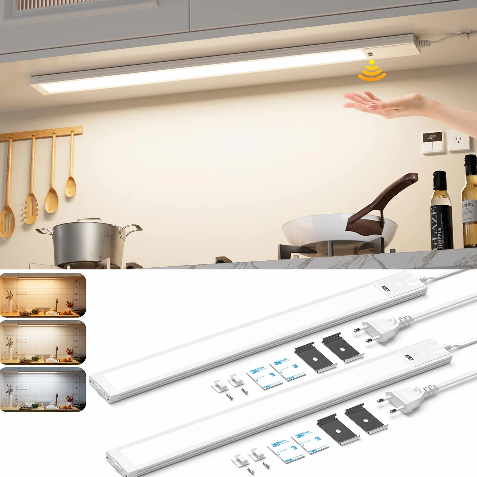 Lureshine Luce Armadio LED da 41CM 2 pezzi, dimmerabile, 3 temperatures, luce armadio LED con Sensore di Movimento, Luce Led Sottopensile per l'illuminazione di cucine, scaffali e piani di lavoro