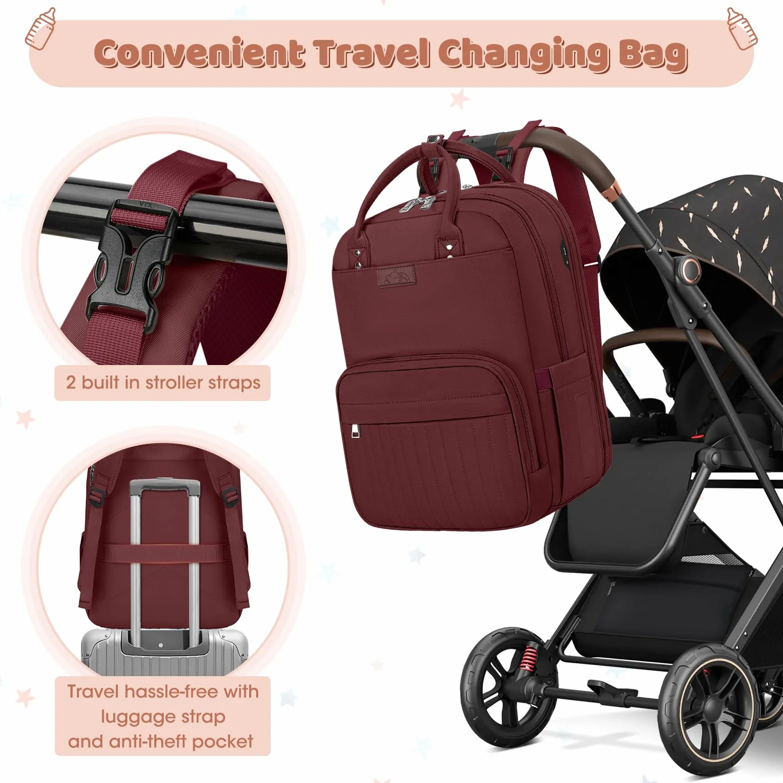 RAINSMORE Zaino Mamma Impermeabile Multifunzione Fasciatoio Grande Capacità Borsa Neonato con Ganci per Passeggino Rosso