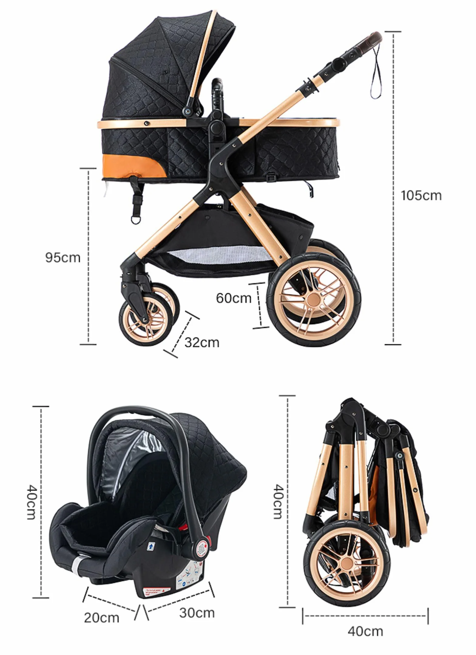 Passeggino 3 in 1 Sistema da Viaggio Pieghevole con Pneumatici in Gomma, Gondola, Adattatori, 25 kg