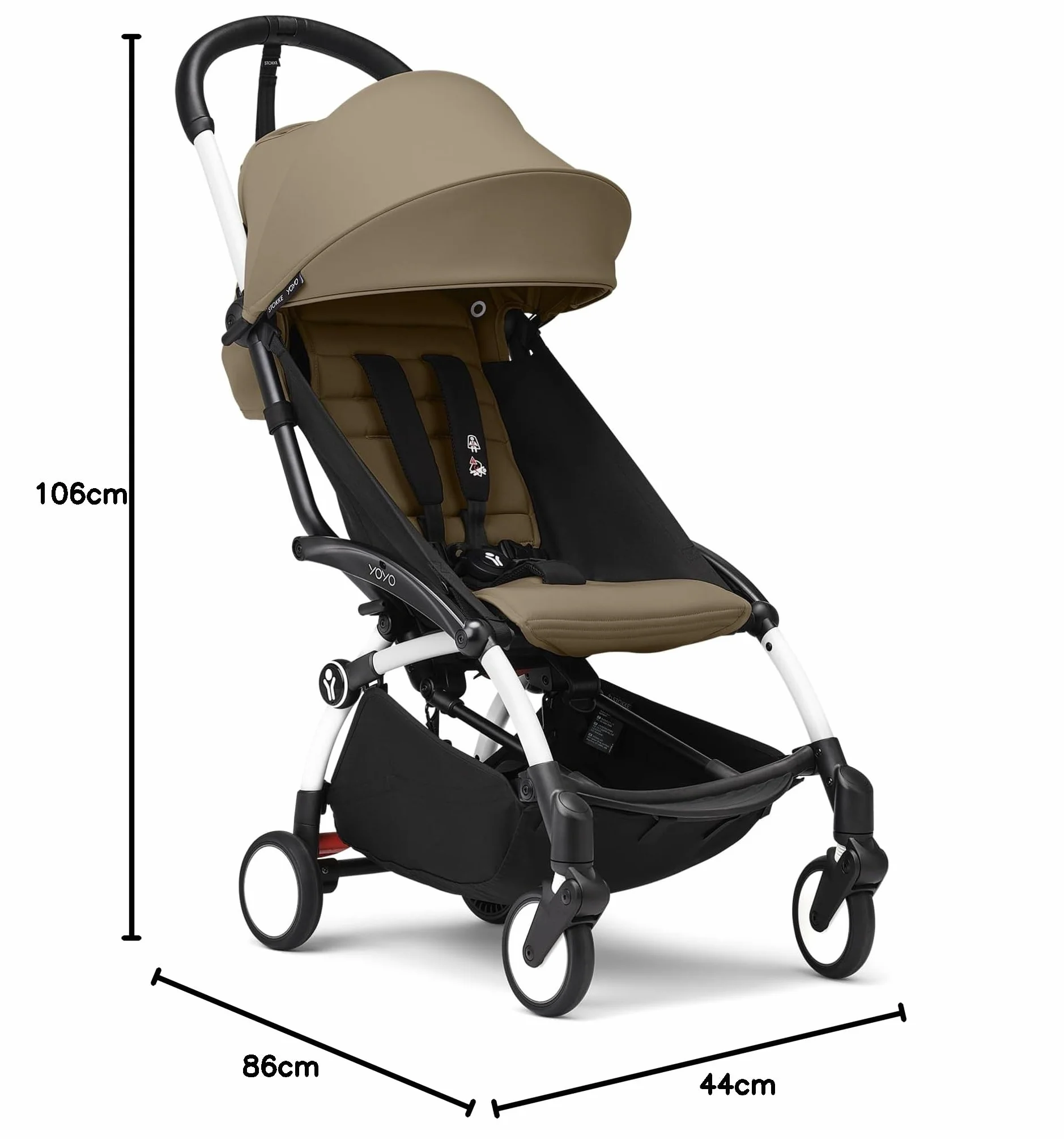 Passeggino Stokke YOYO3 6 mesi Telaio Bianco Cuscino Seduta Toffee Capottina Leggero Compatto Bagaglio a Mano