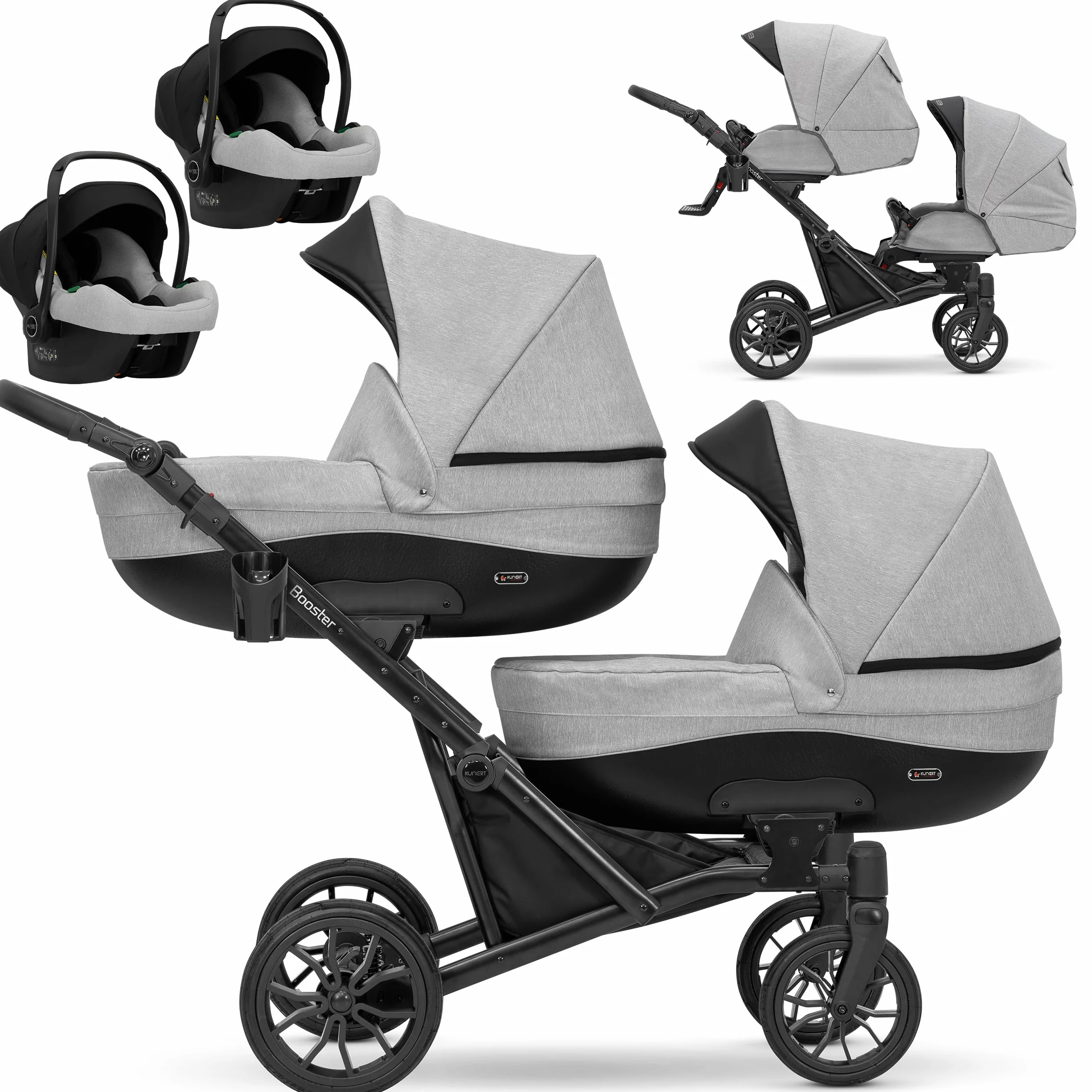 KUNERT Passeggino Gemellare 3 in 1 Cosmo Navicella Carrozzina Seggiolino Auto Grigio