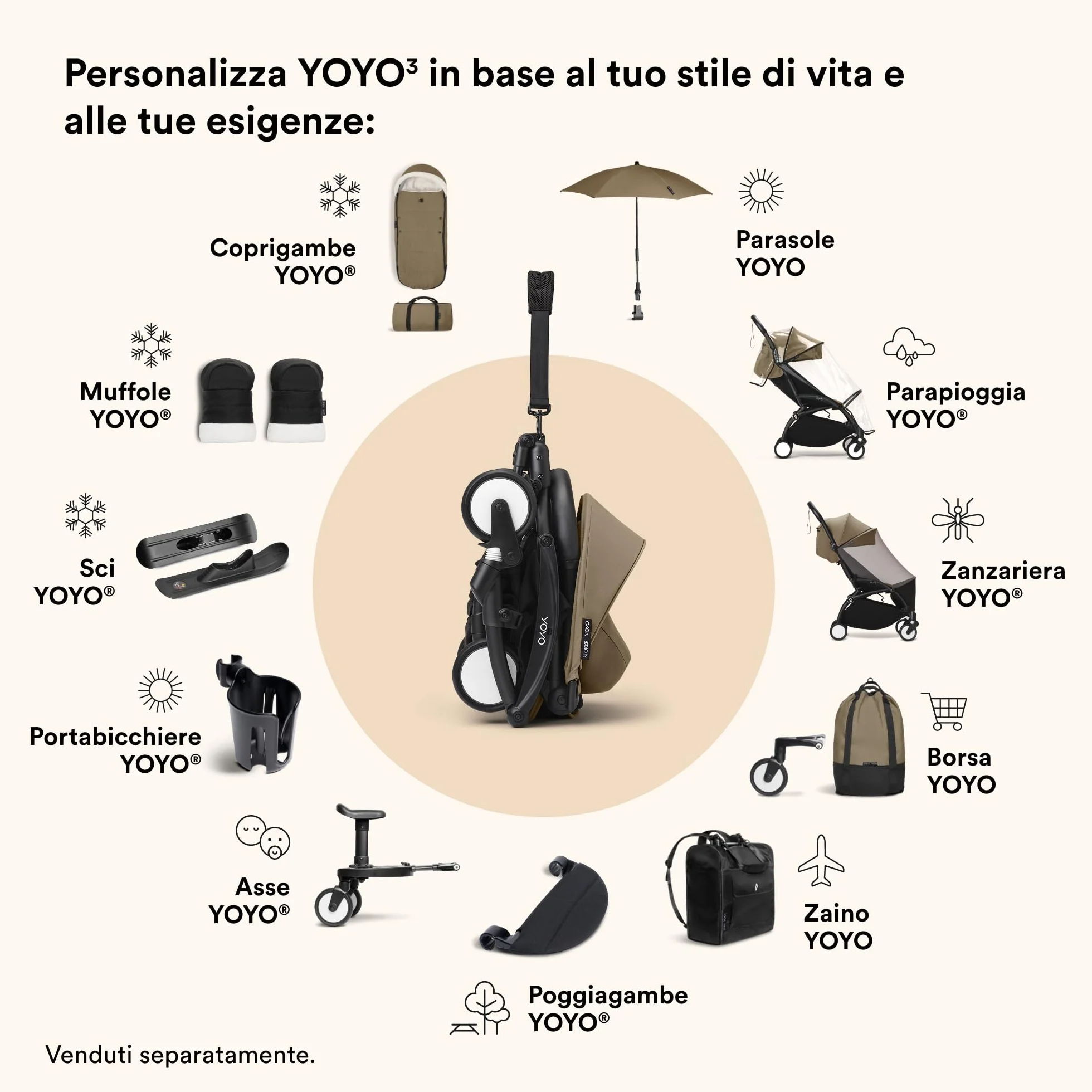 Passeggino Stokke YOYO3 6 mesi Telaio Bianco Cuscino Seduta Toffee Capottina Leggero Compatto Bagaglio a Mano
