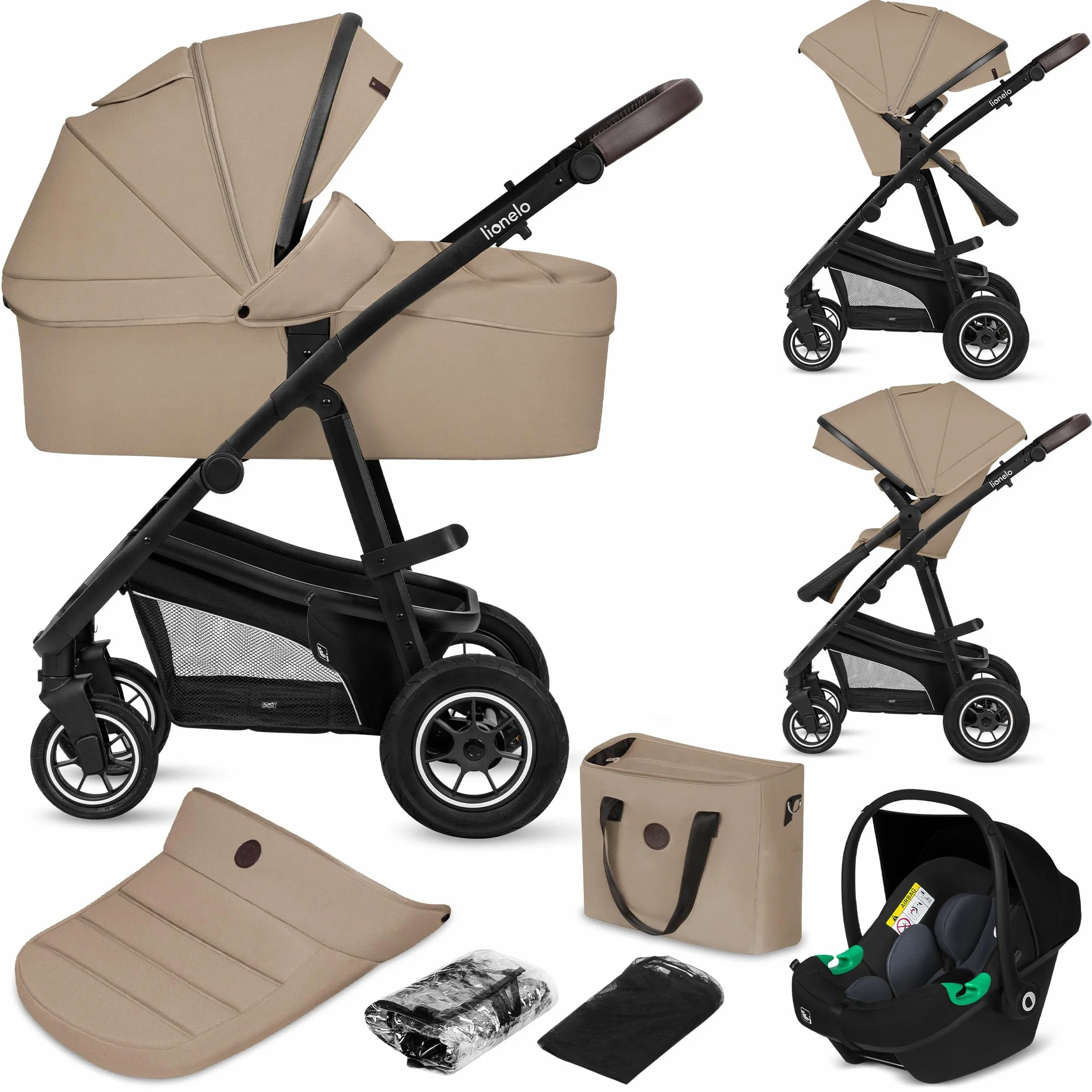 Passeggino 3 in 1 per Bambini 0-48 mesi, Sistema Modulare con Seduta, Navicella, Ovetto Neonato, Leggero, Pieghevole, Ruote Grandi, Cappottina XXL UPF50+