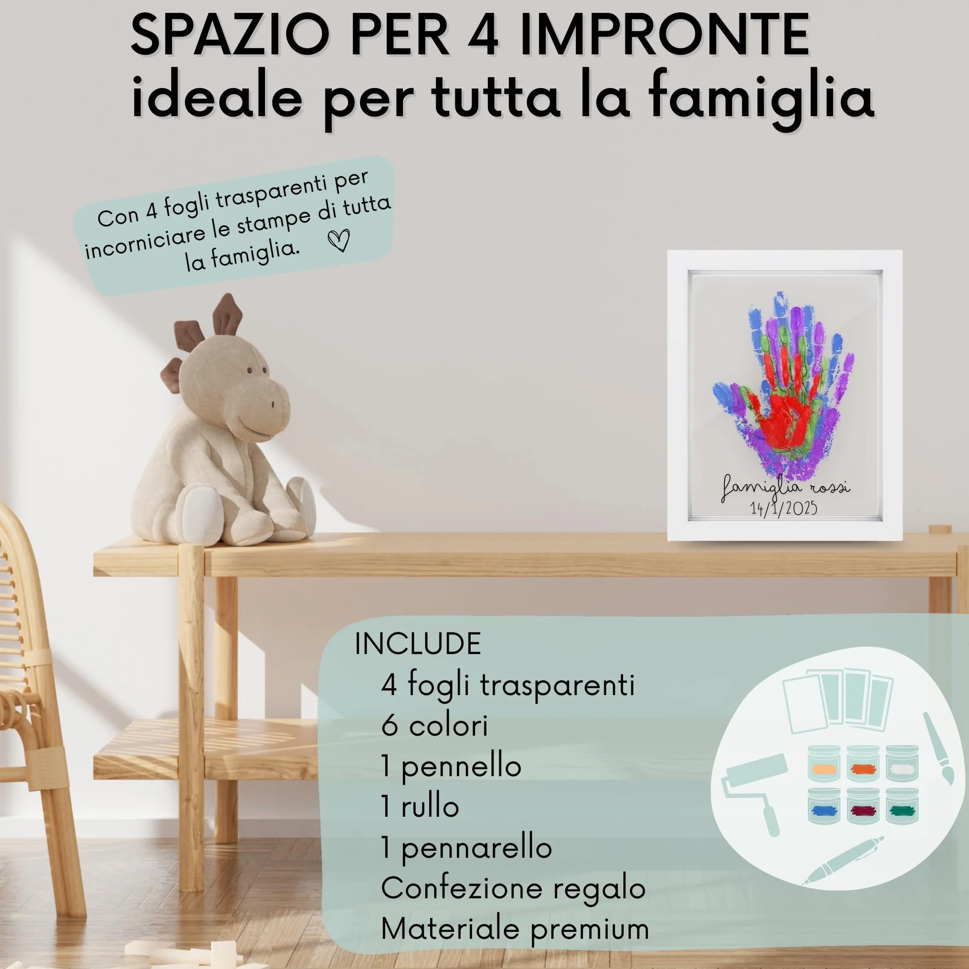 Kit Impronta Mani e Piedi Neonati, Cornice con Spazio per 4 Impronte, Set Regalo Neonato