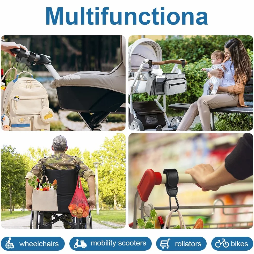 Ganci Passeggino Universali 4 Pezzi Nero Antiscivolo Fino a 5 kg Accessori in Pelle