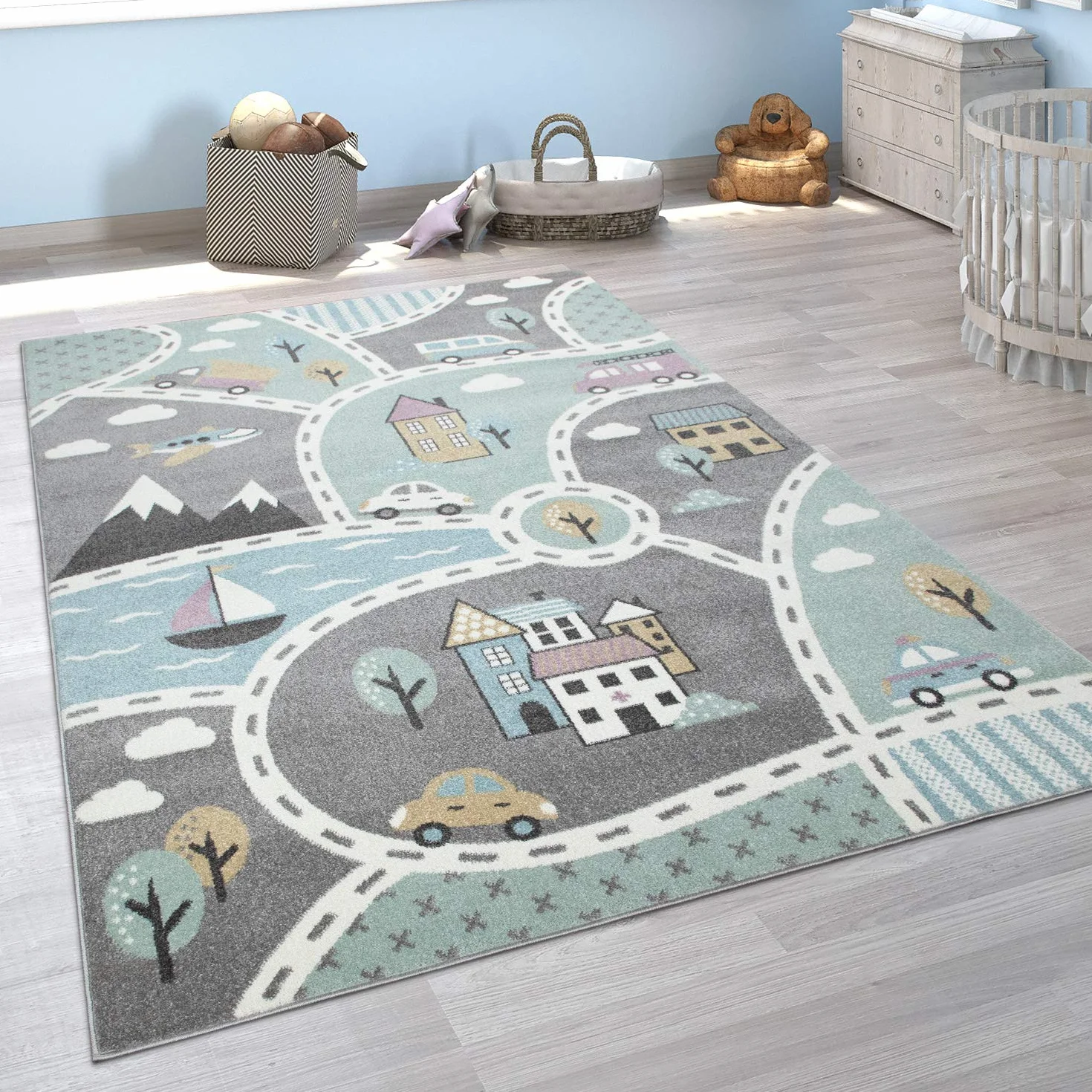 Paco Home Tappeto da gioco per bambini con motivo di strade verde grigio 120x170 cm