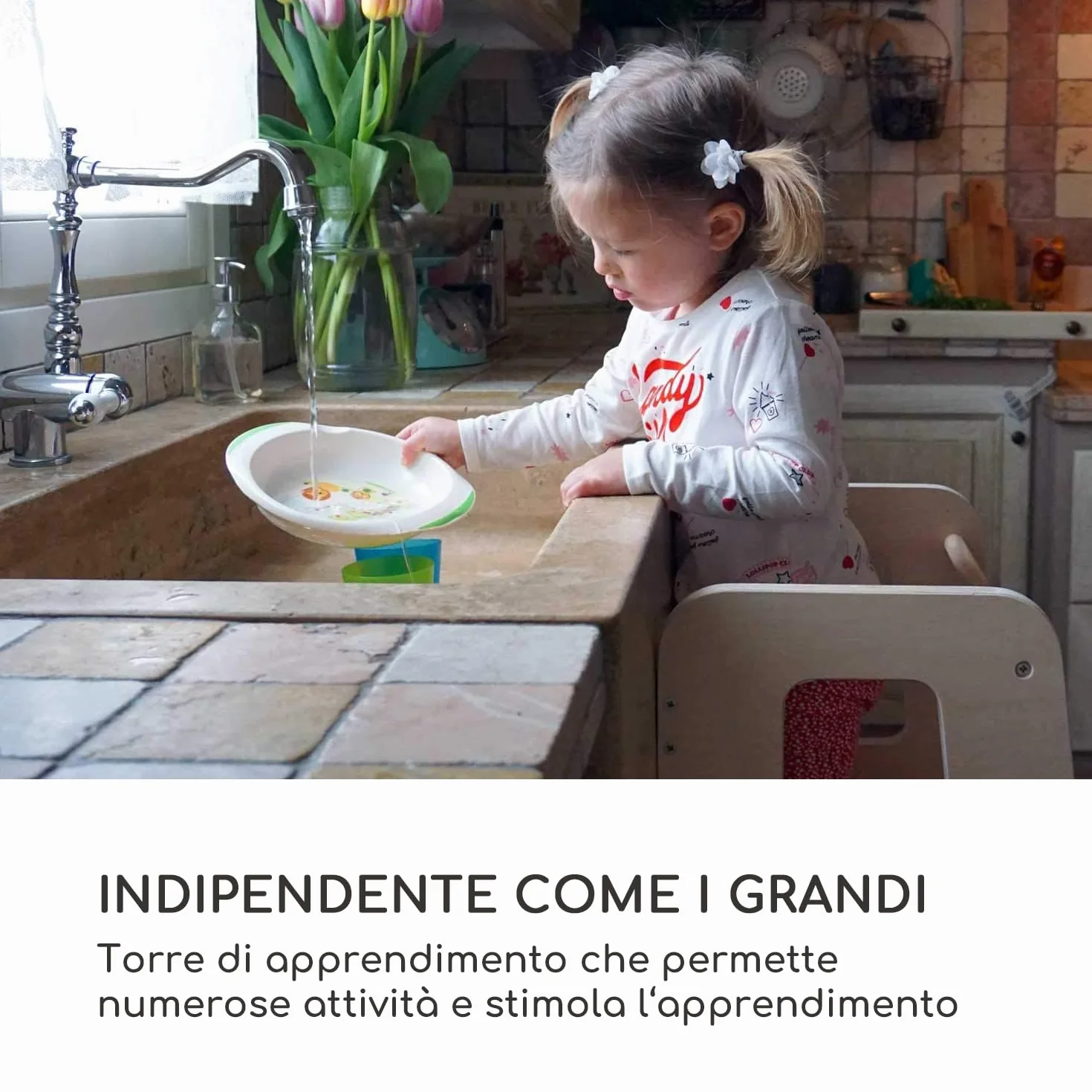 Moblì® Naturalna Wieża Montessori z Regulowanymi Półkami Drewniana Toscana