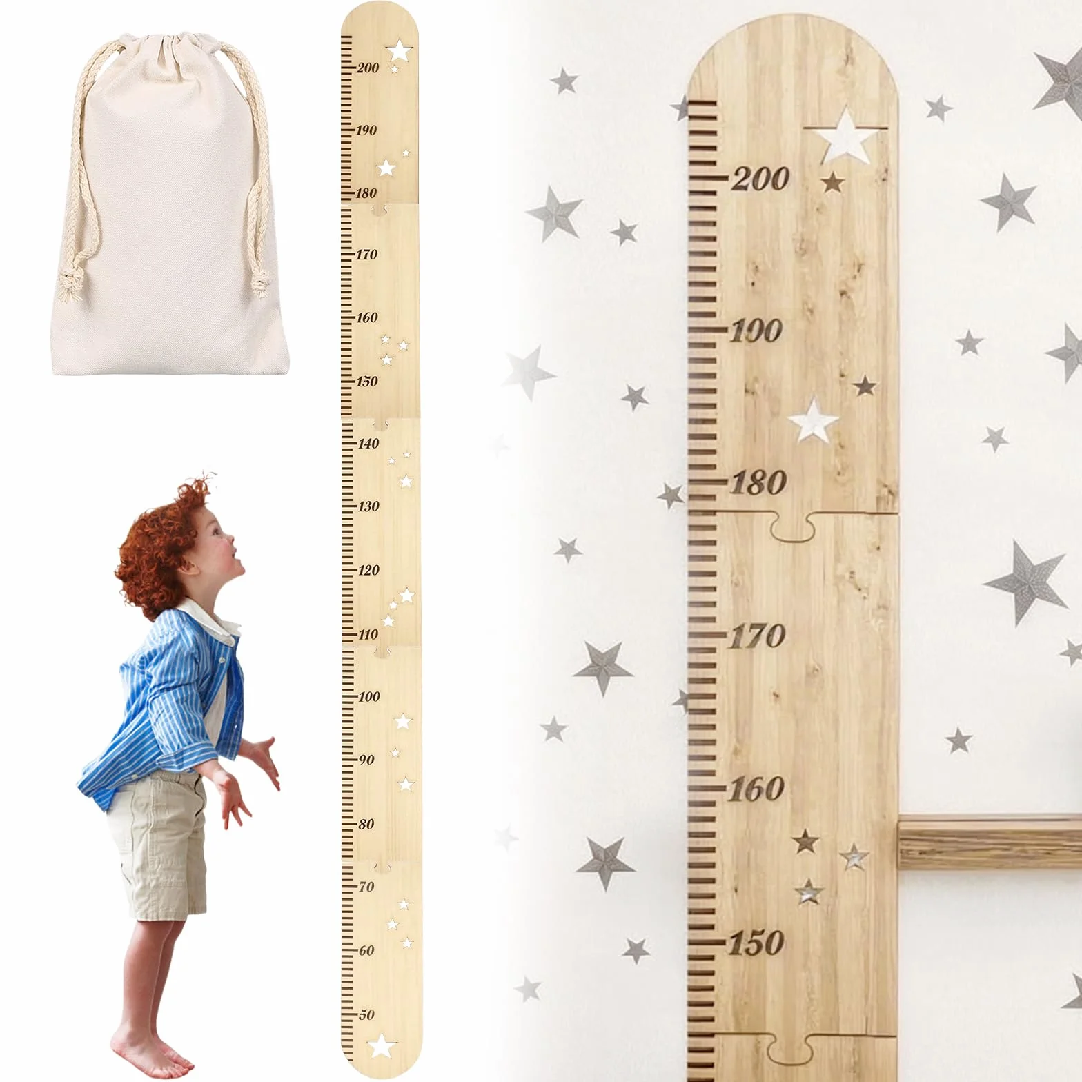 Metro da Parete in Legno per Bambini 50-180cm con Incisioni Delicati, Fissaggio Facile, Sacchetto di Stoccaggio in Tela (27x42 cm)
